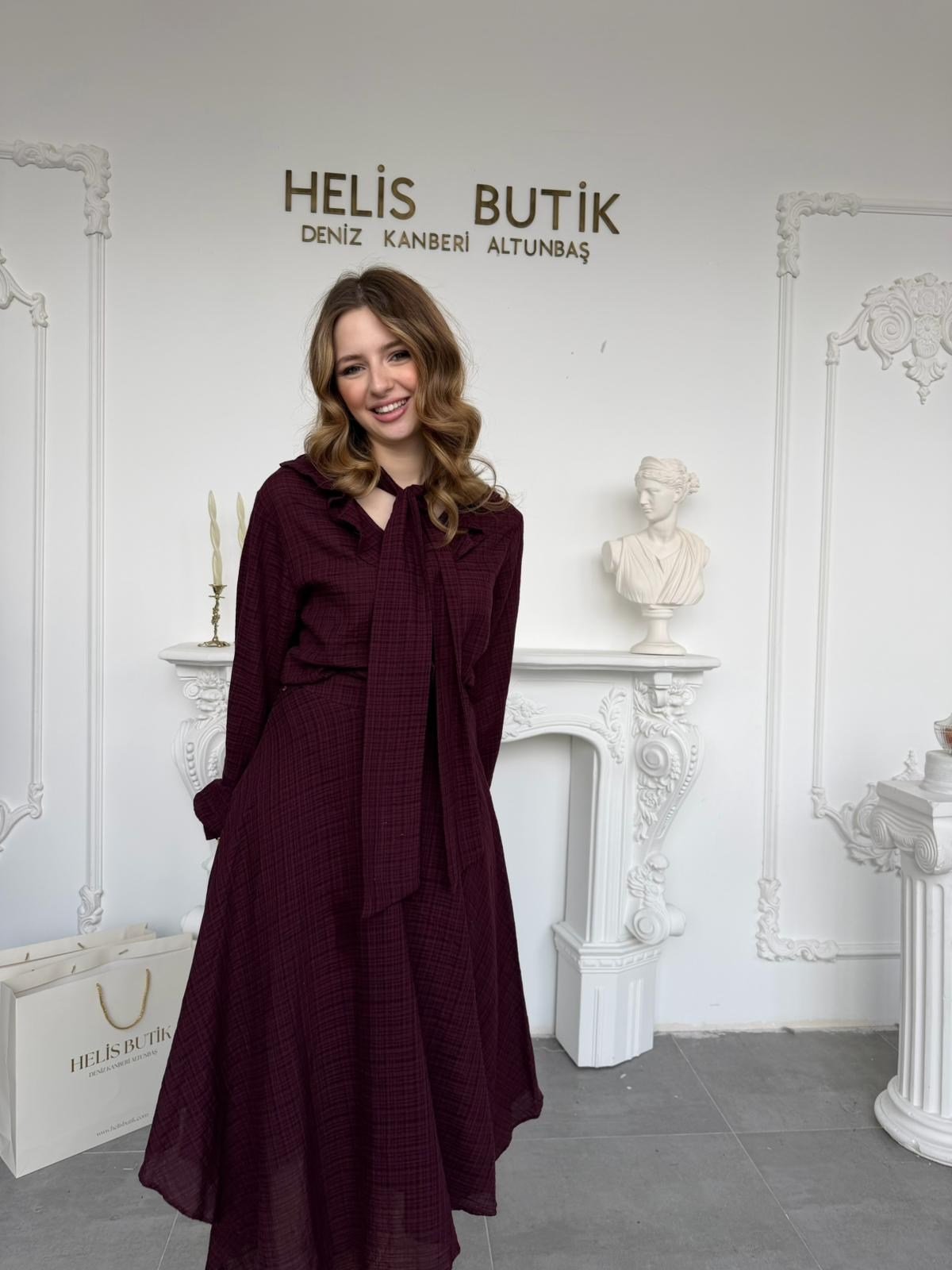 Fular Detaylı Ekose Etek Bluz Takım - Mürdüm · 4