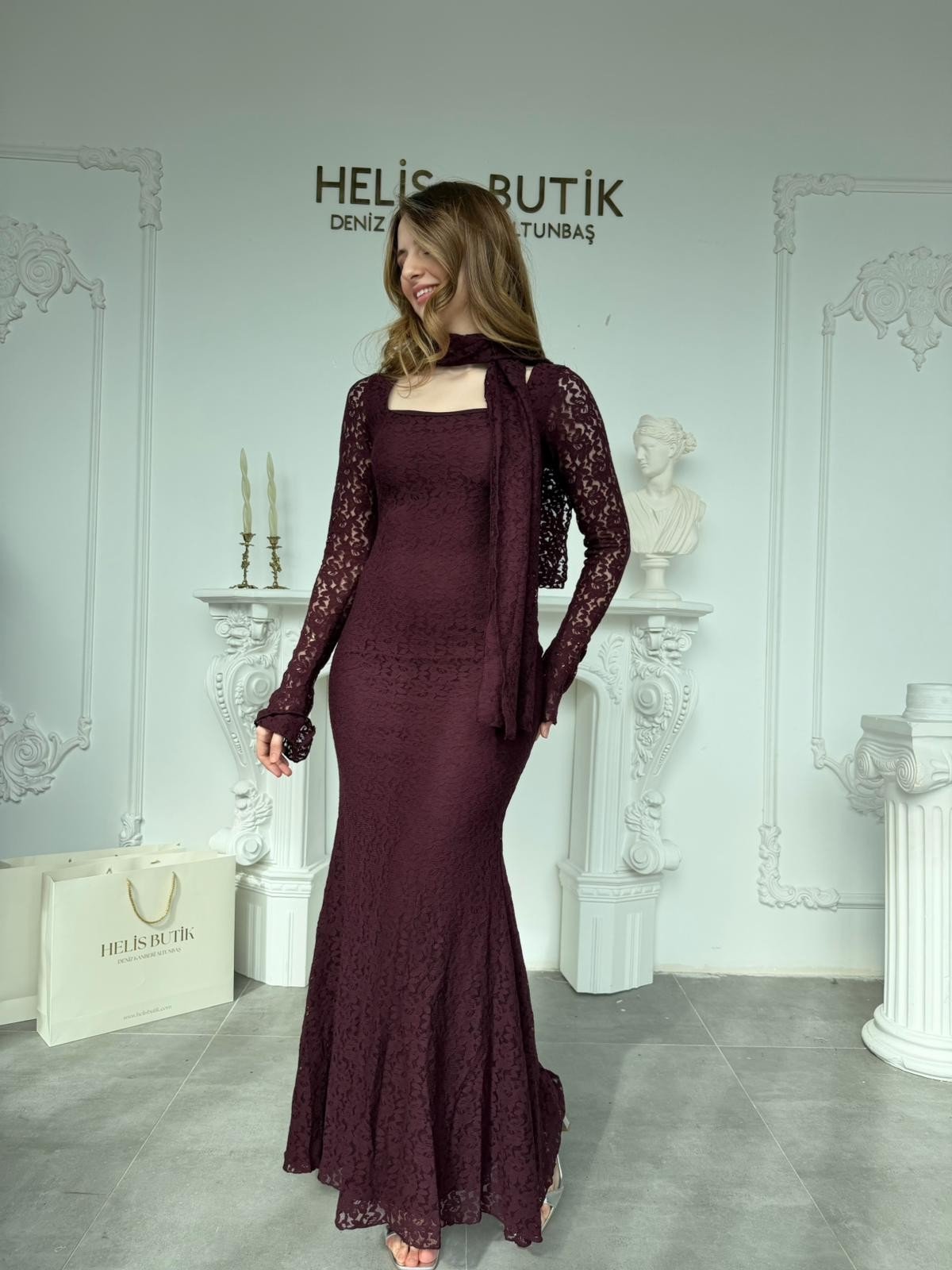 Fular Detaylı Kare Yaka Balık Kesim Dantel Elbise - Mürdüm · 5