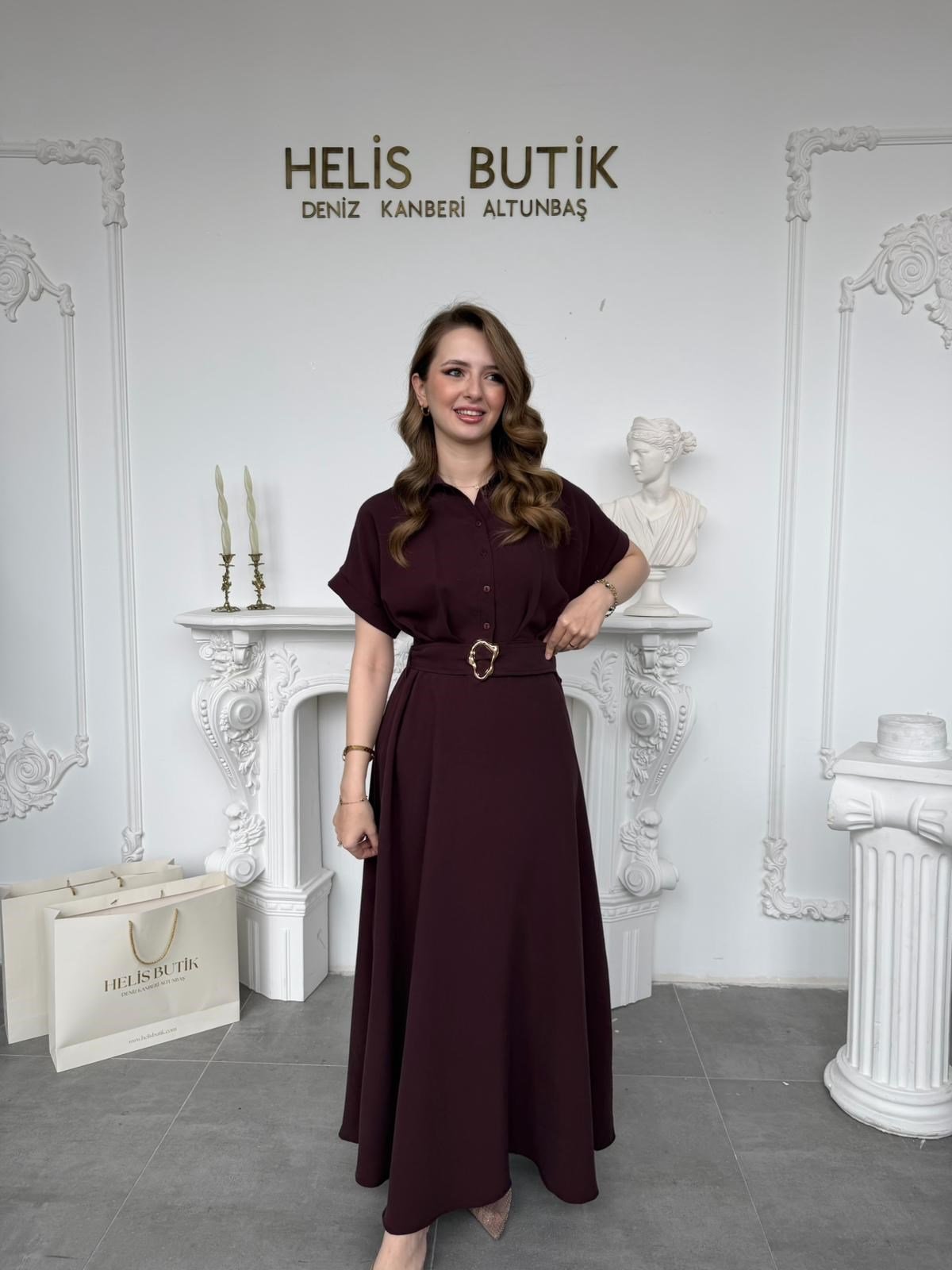 Gold Tokalı Kemerli Rahat Kesim Gömlek Elbise - Mürdüm · 3