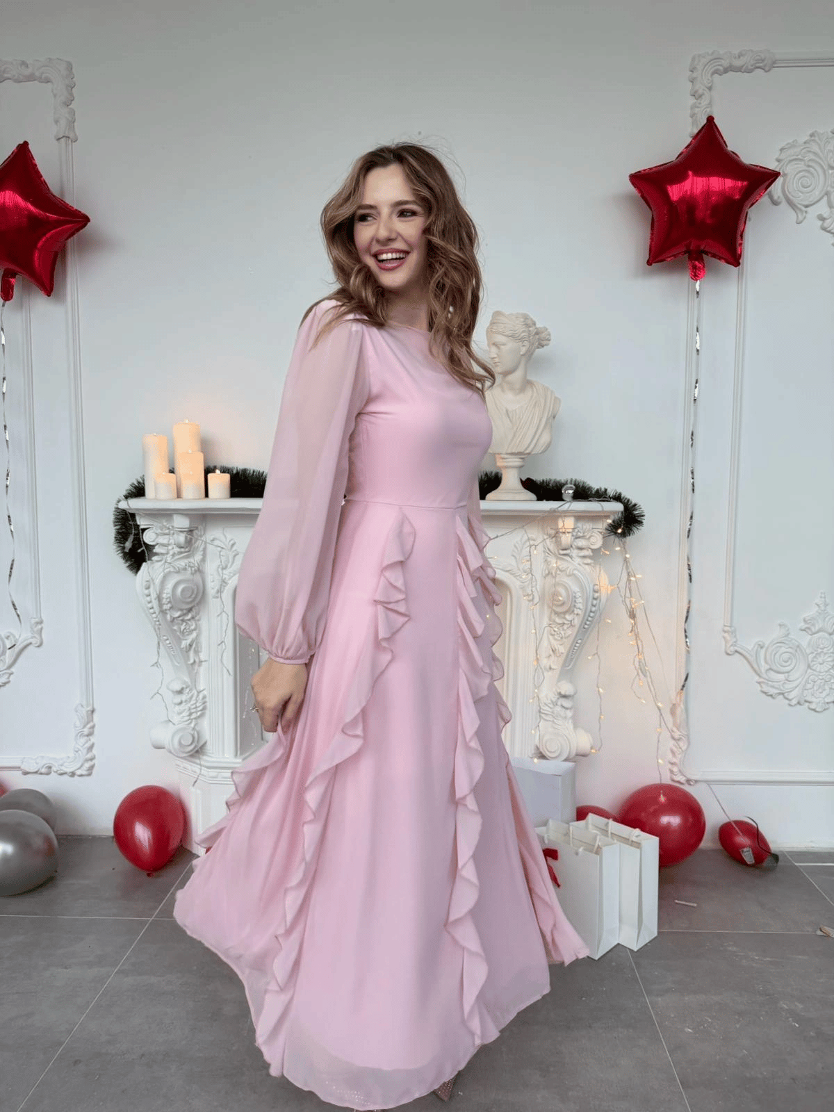 Hareketli Fırfır Etekli Şifon Maxi Pembe Elbise · 3