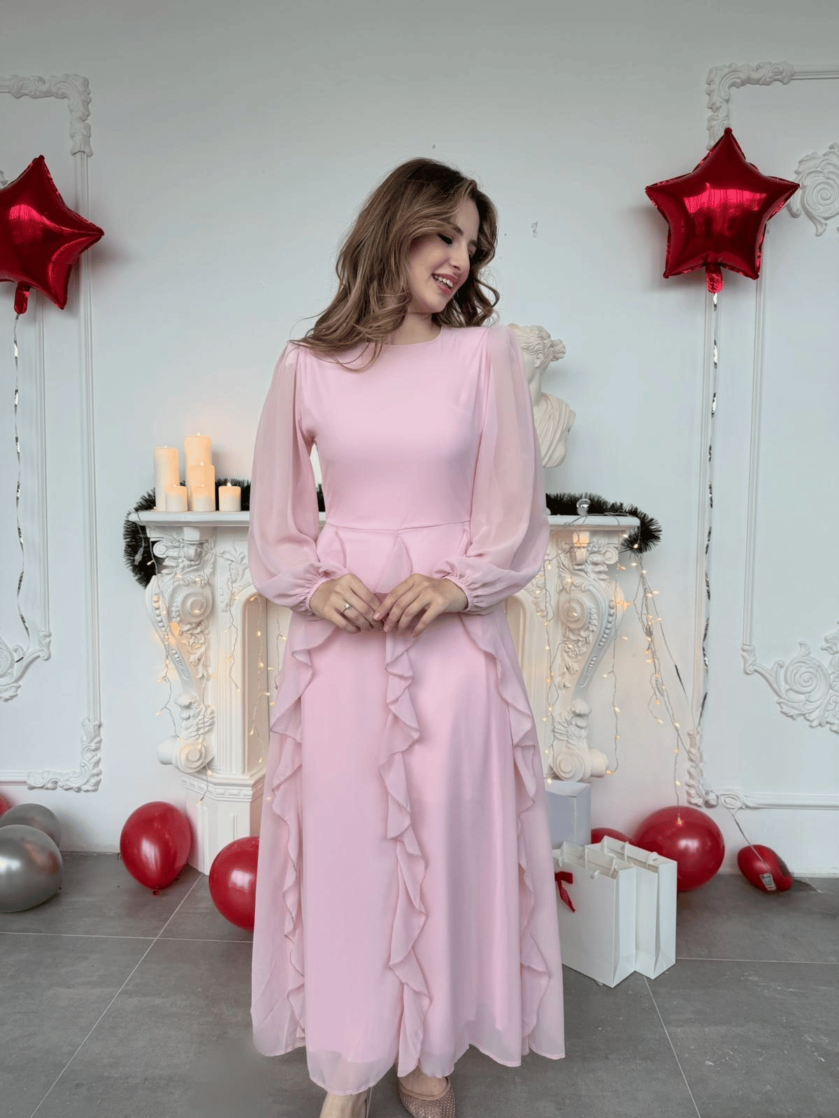 Hareketli Fırfır Etekli Şifon Maxi Pembe Elbise · 2