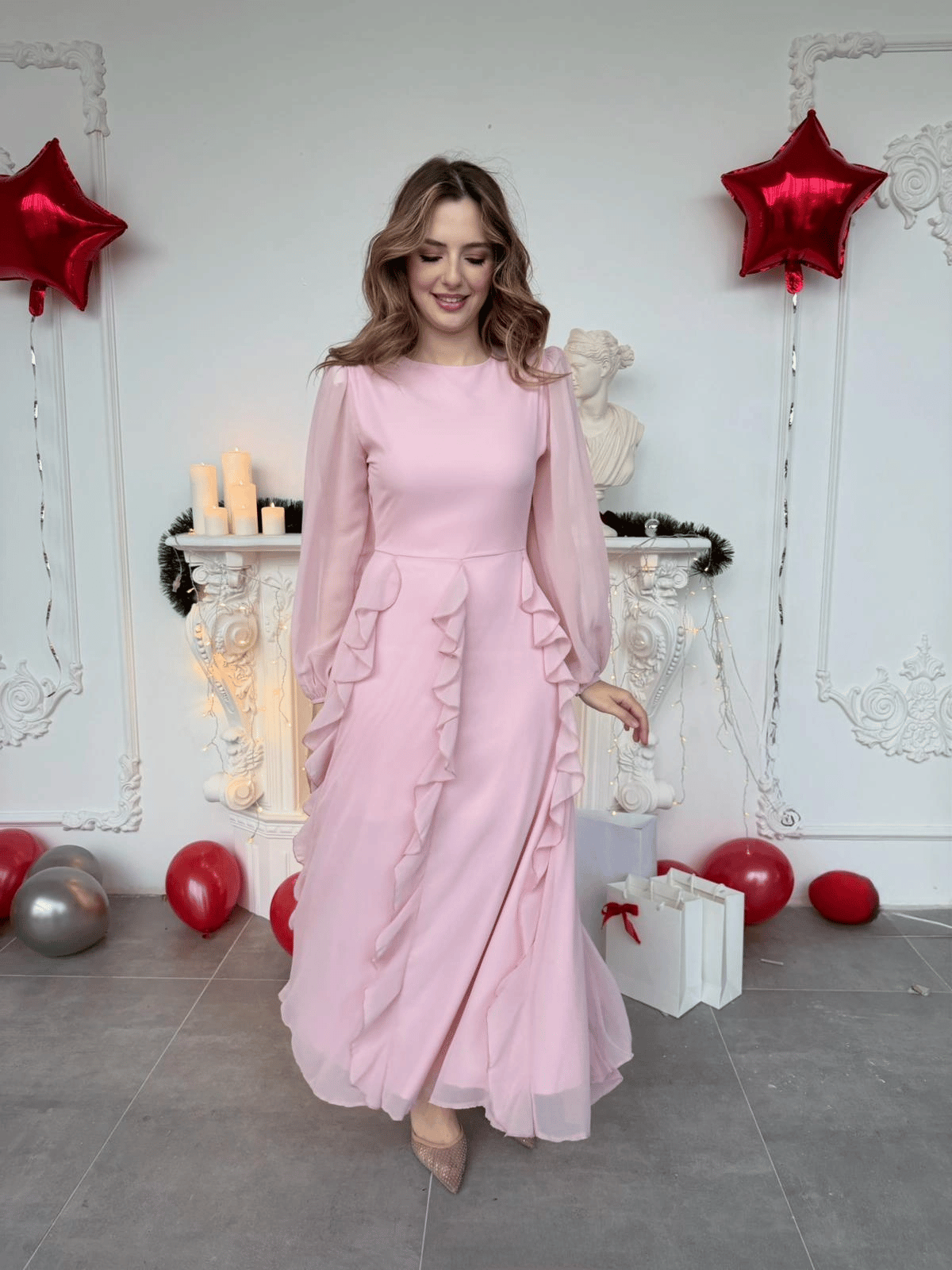 Hareketli Fırfır Etekli Şifon Maxi Pembe Elbise · 6
