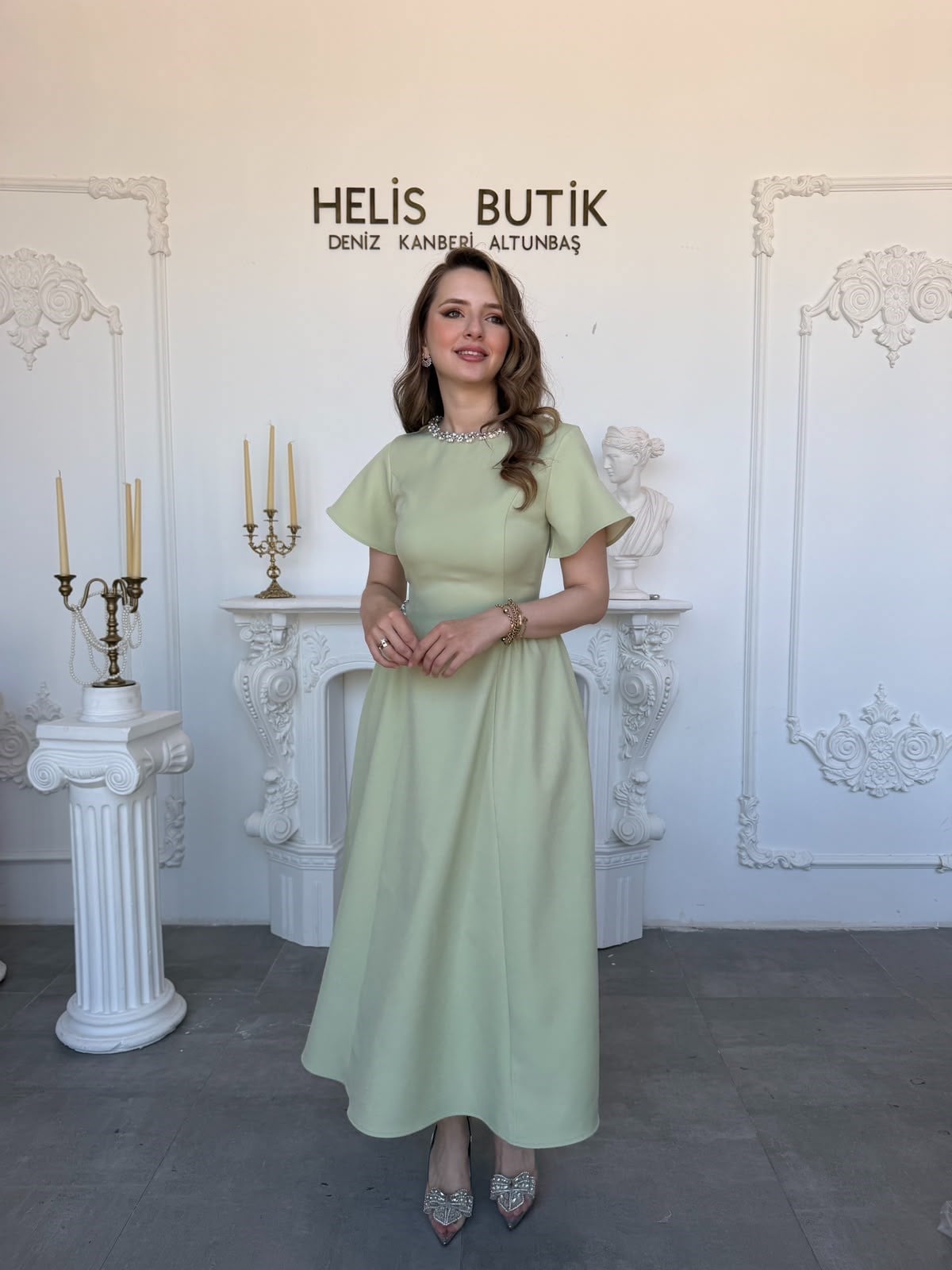 Helis Özel Tasarım Prenses Kesim Taş İşlemeli Abiye Elbise - Yeşil