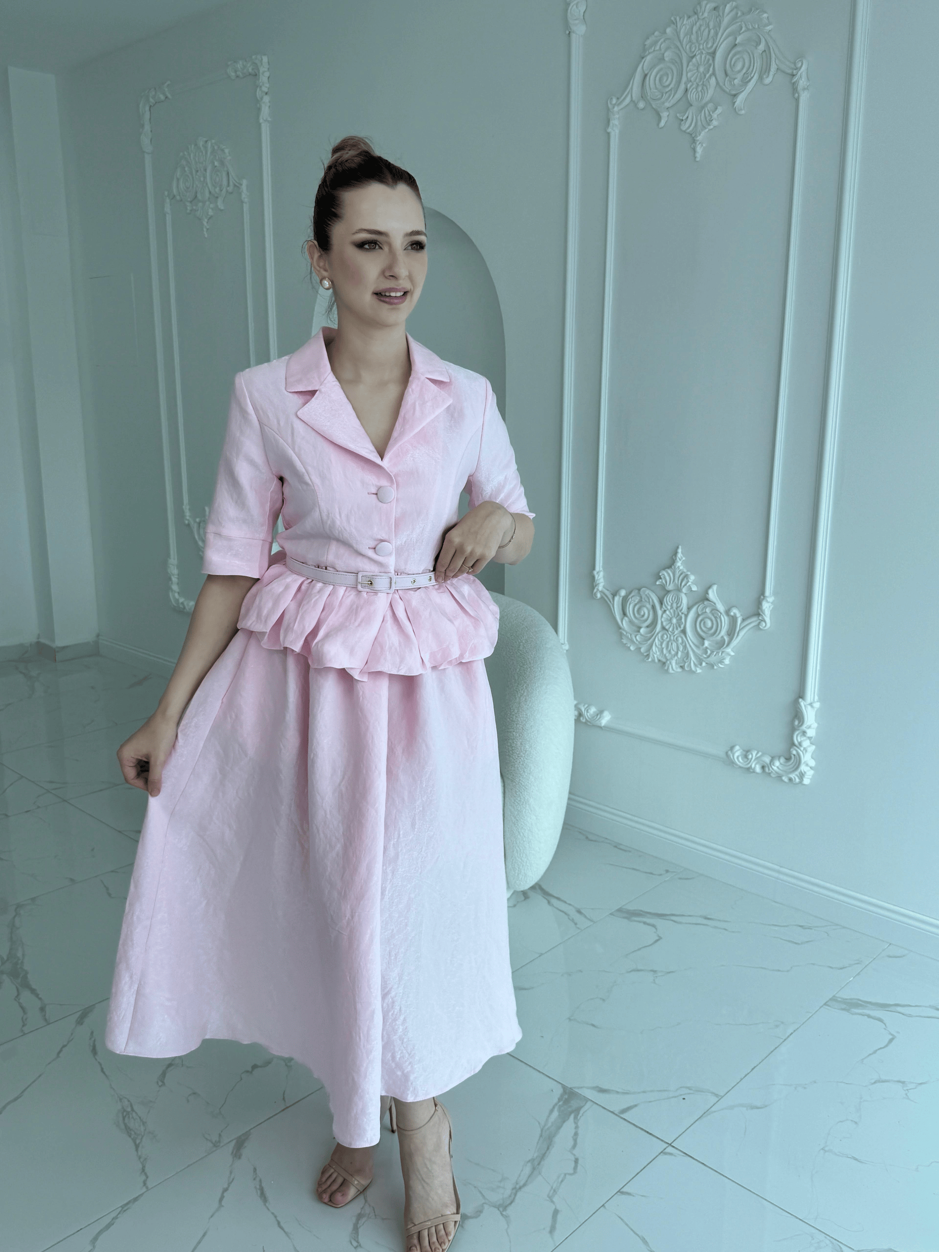 İnce Kemerli Fırfırlı Ceket ve Etek Pembe Takım · 6