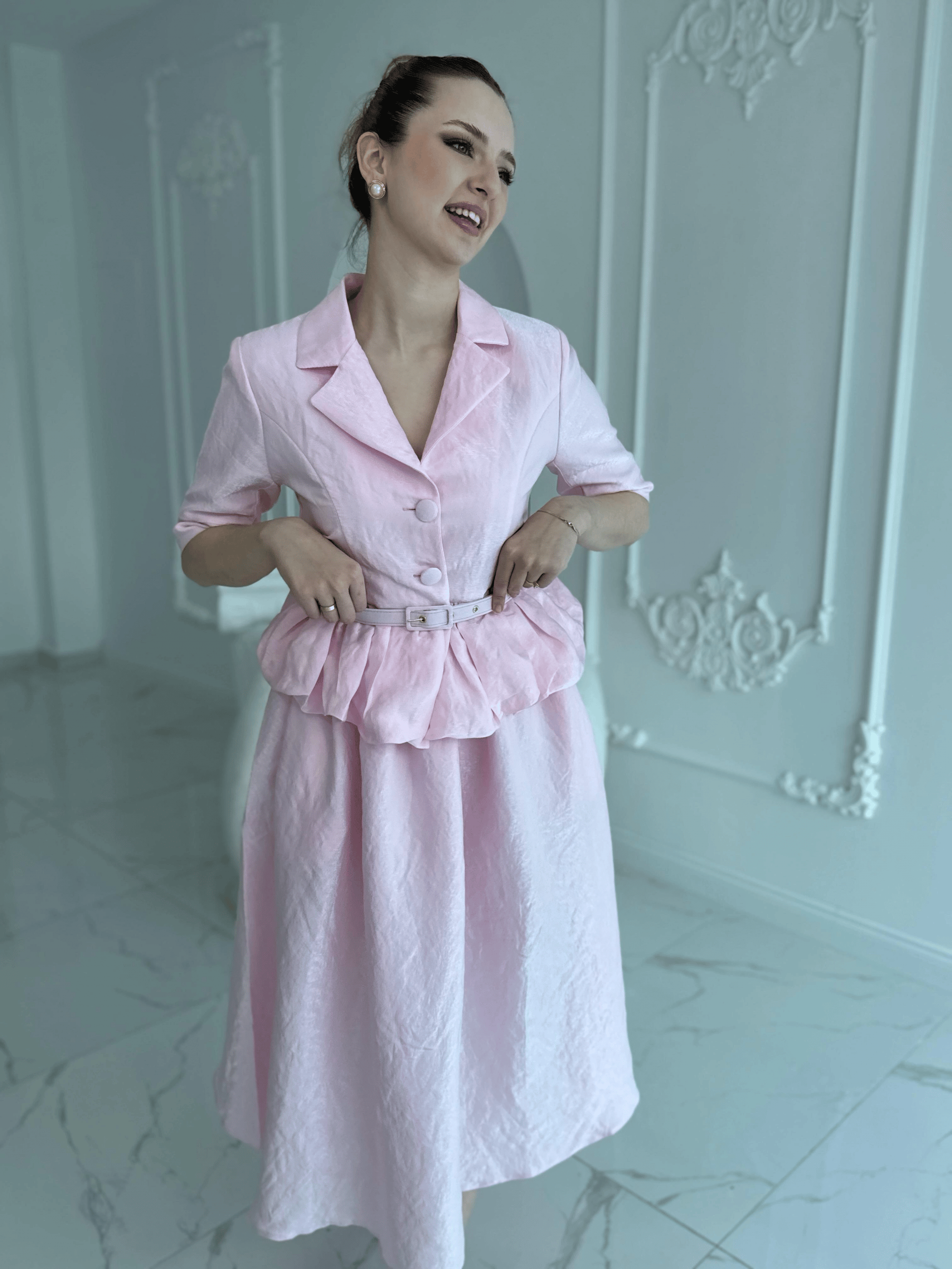 İnce Kemerli Fırfırlı Ceket ve Etek Pembe Takım · 5