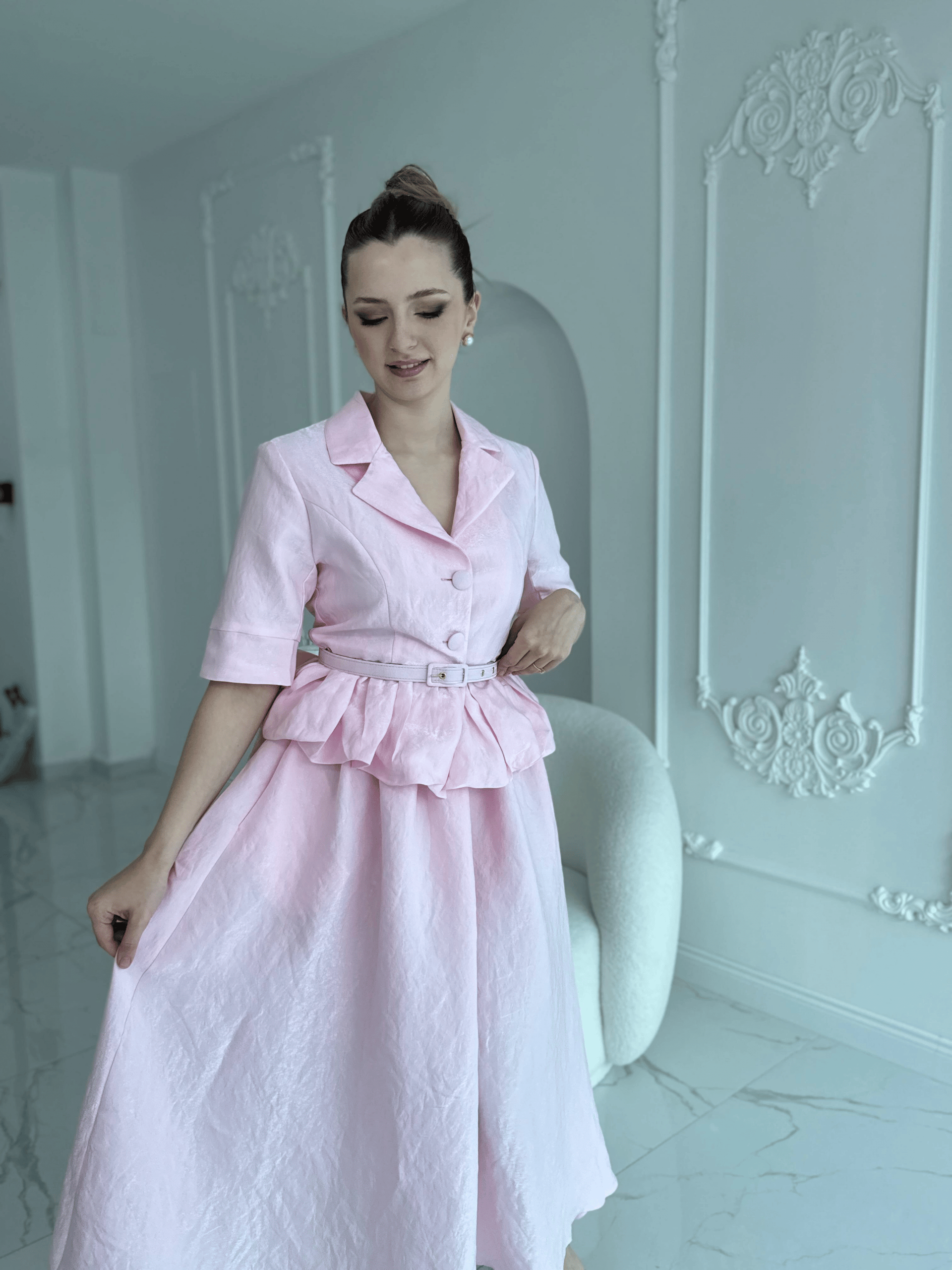 İnce Kemerli Fırfırlı Ceket ve Etek Pembe Takım · 4