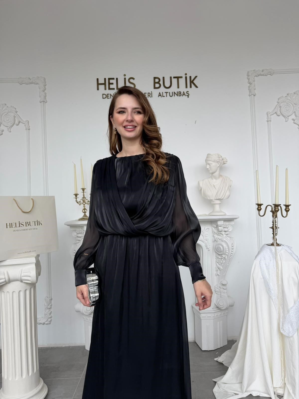 Işıltılı Siyah Şifon Bluz Etek Takım - Siyah