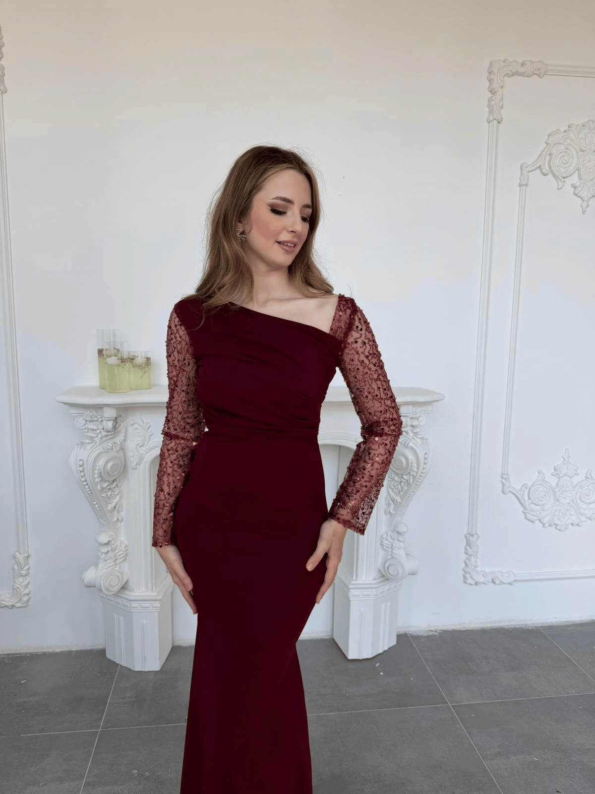 Işıltılı Tül Kollu Drapeli Uzun Abiye Bordo Elbise · 4
