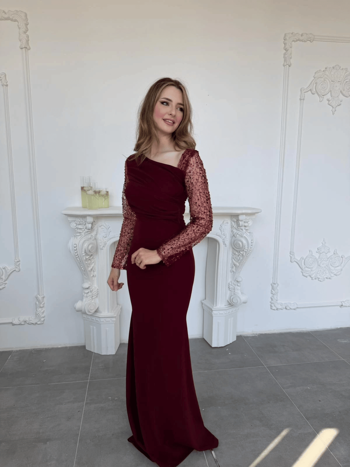 Işıltılı Tül Kollu Drapeli Uzun Abiye Bordo Elbise · 6