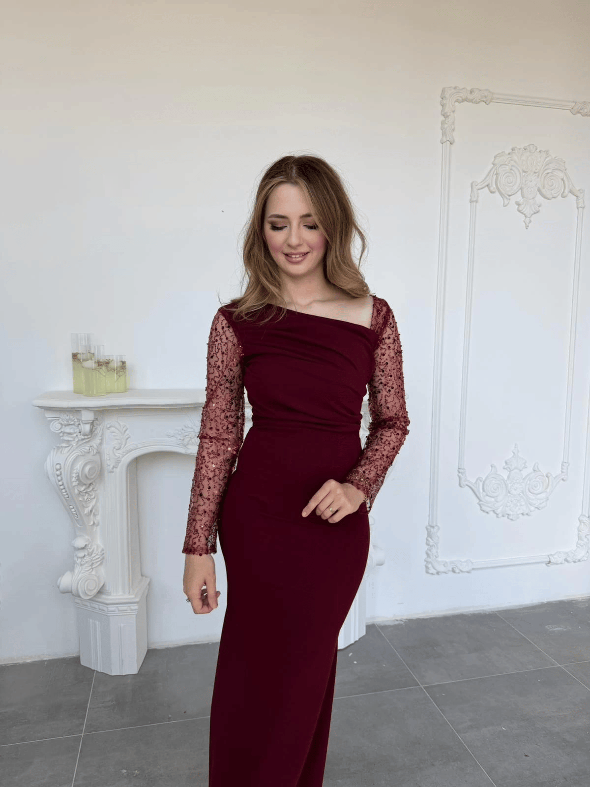 Işıltılı Tül Kollu Drapeli Uzun Abiye Bordo Elbise · 3