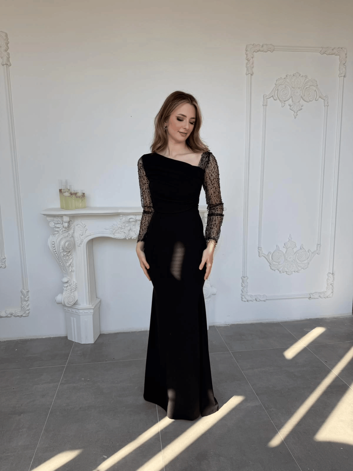 Işıltılı Tül Kollu Drapeli Uzun Abiye Siyah Elbise · 4