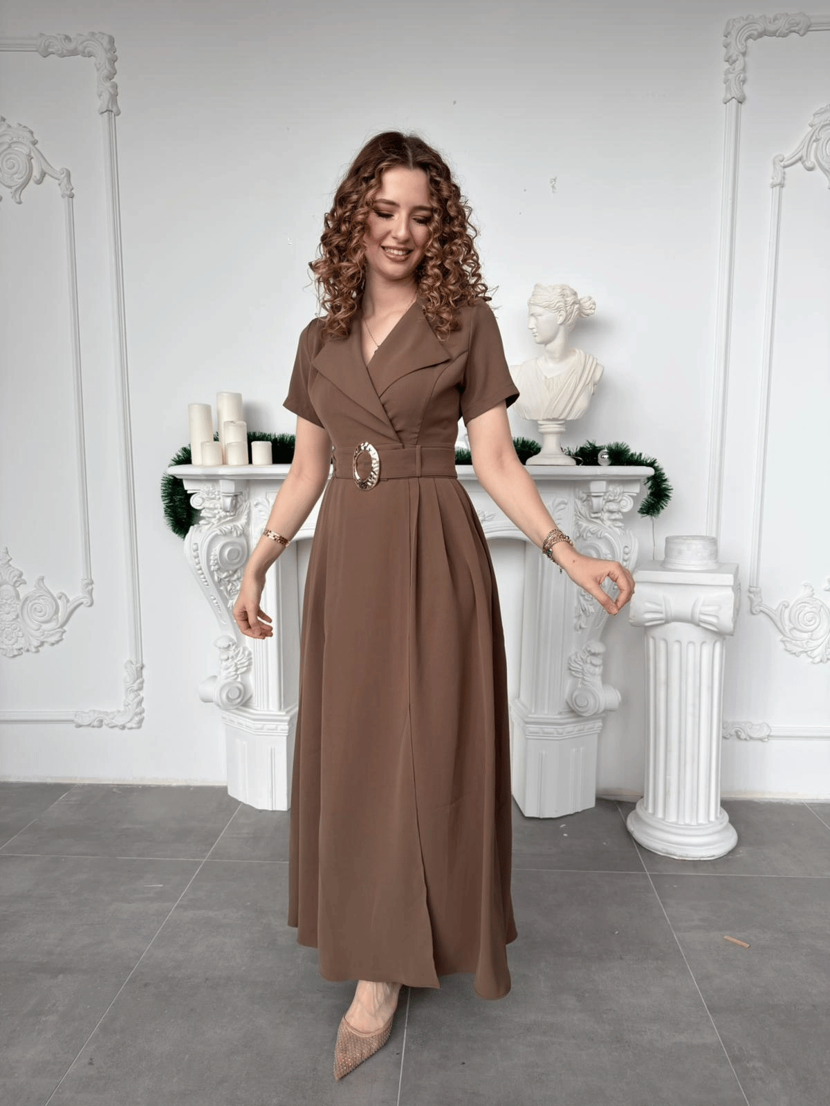 Kahve Kruvaze Yaka Kemerli Maxi Boy Davet Elbisesi · 3
