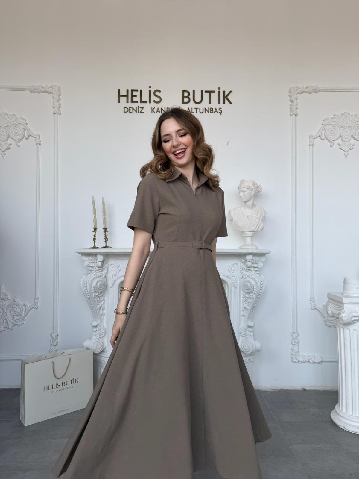 Kemerli Gömlek Yaka Çan Etekli Elbise - Haki · 6