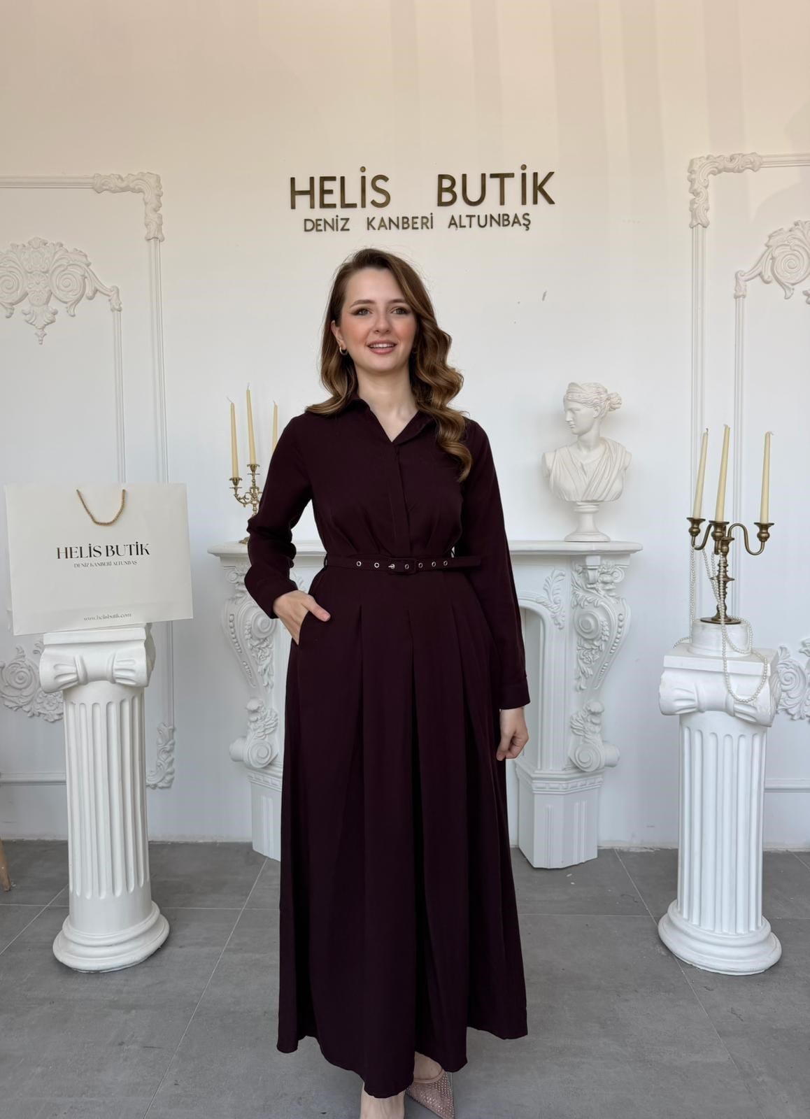 Kemerli Premium Pamuk Gömlek Elbise - Mürdüm
