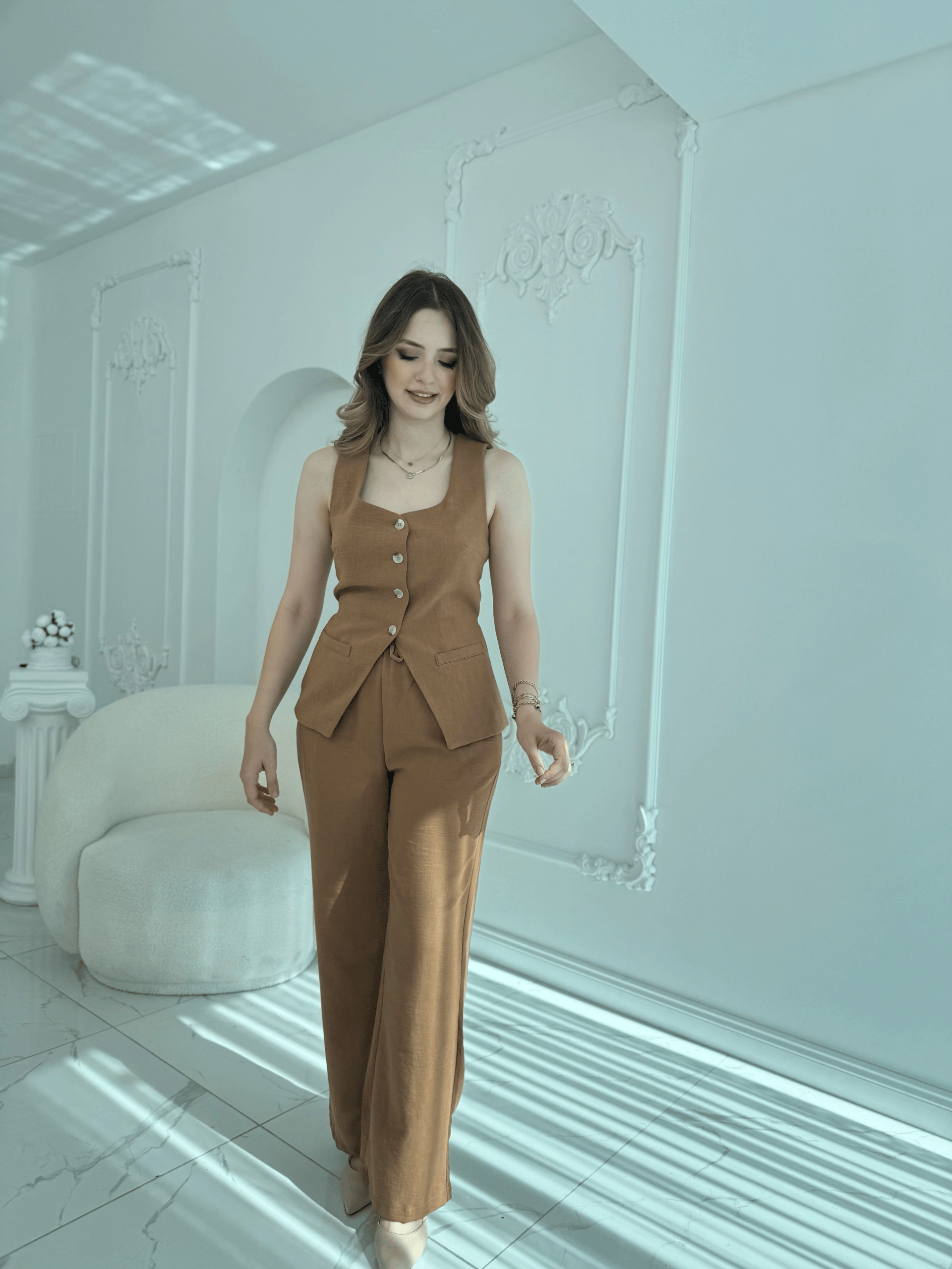 Keten Kumaş Düğmeli Bağlama Detaylı Kahve Takım · 3