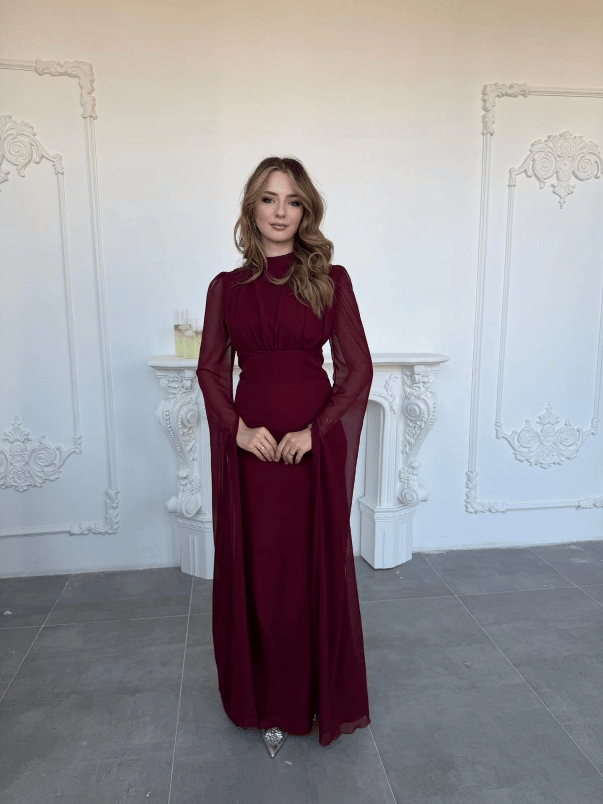 Korse Detaylı Tül Kollu Uzun Bordo Elbise · 4