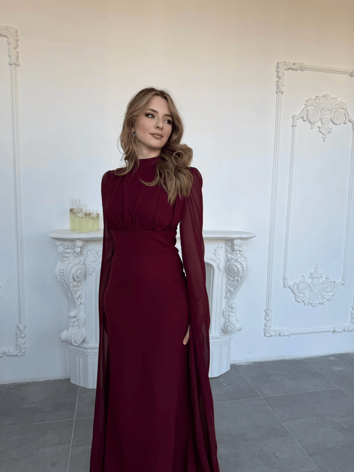 Korse Detaylı Tül Kollu Uzun Bordo Elbise · 3