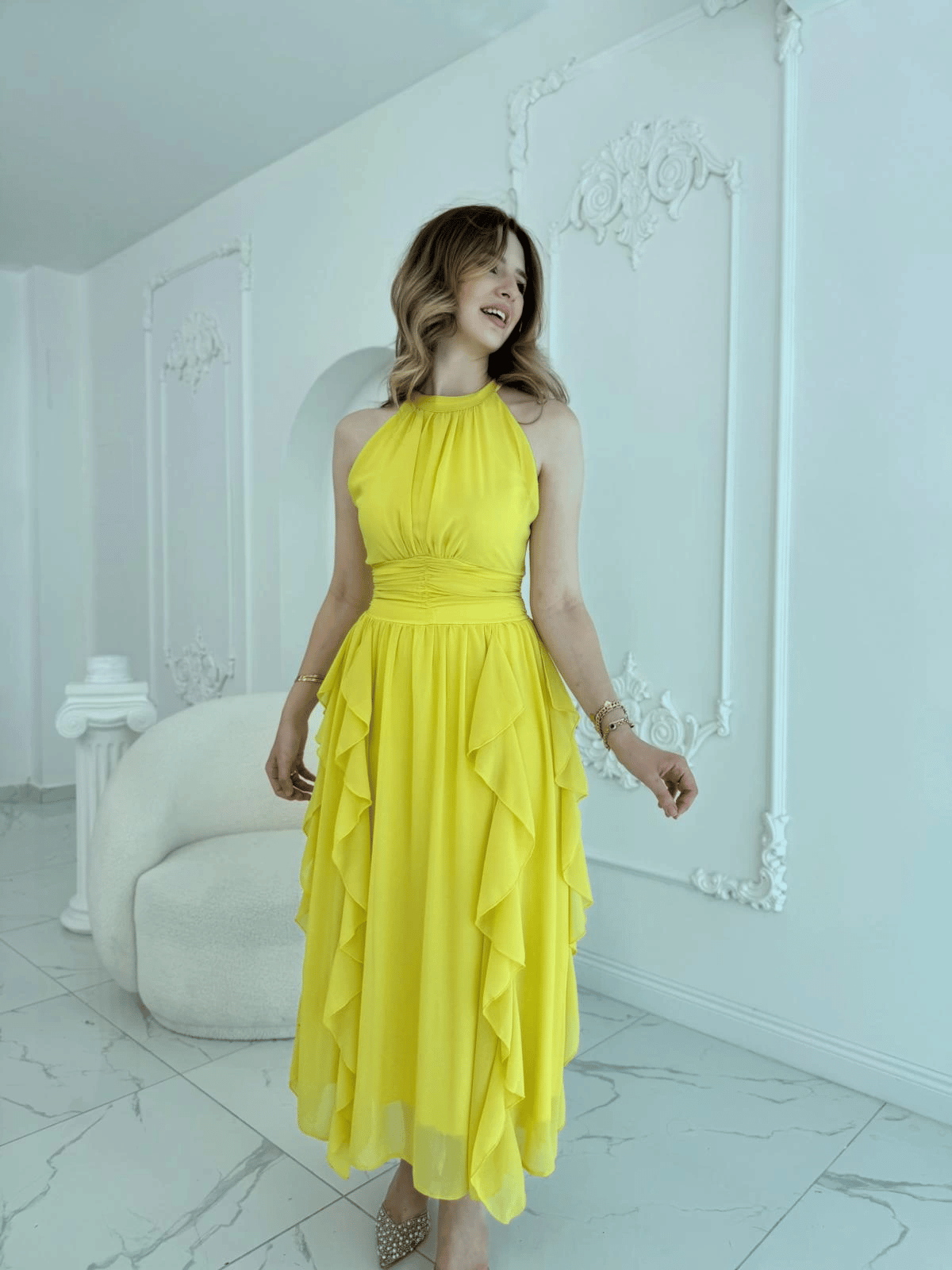 Önü Büzgülü Eteği Fırfırlı Sarı Şifon Elbise · 6