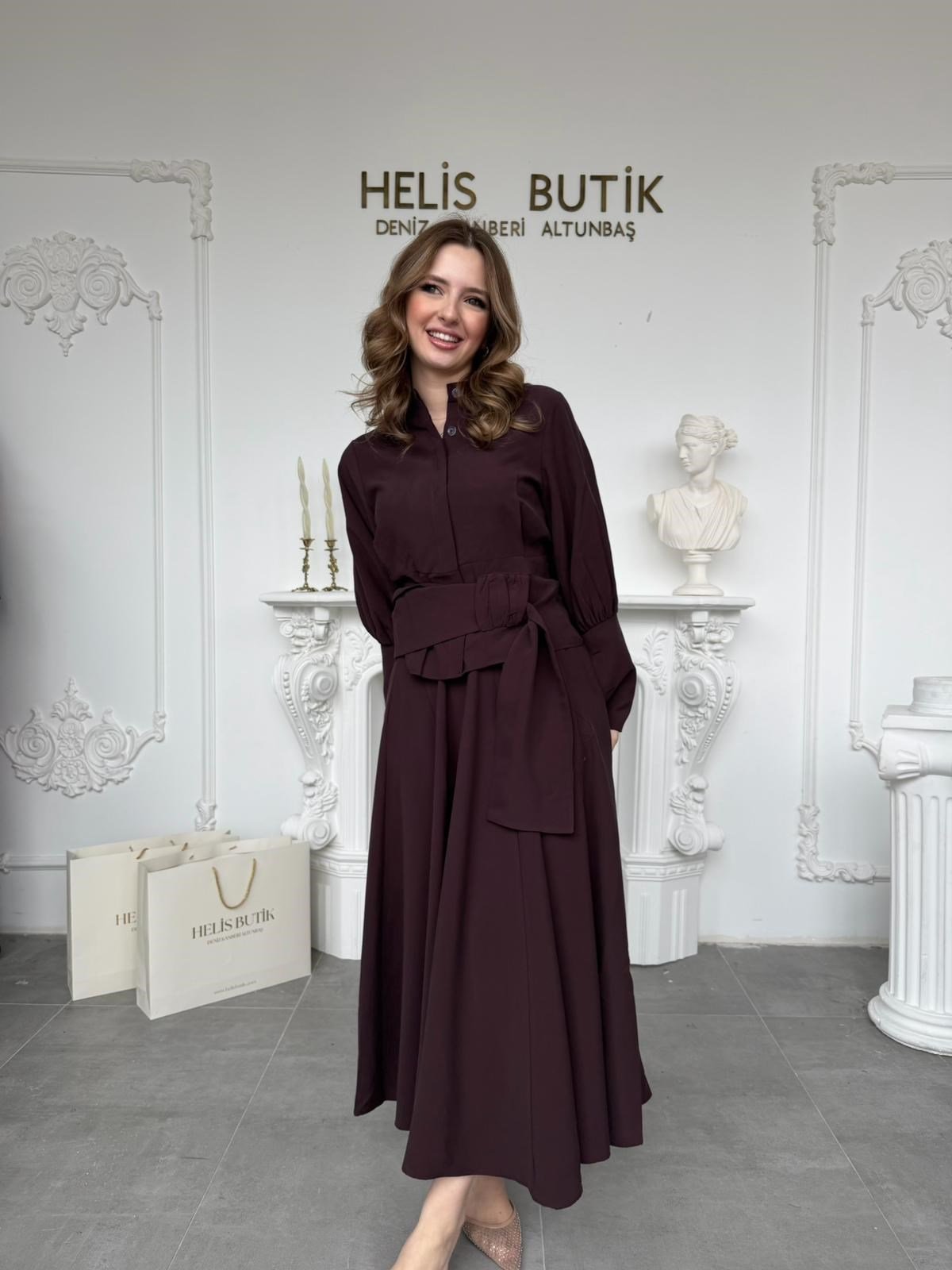 Papyon Beli Kuşaklı Kruvaze Yaka Etek Bluz Takım - Mürdüm · 5