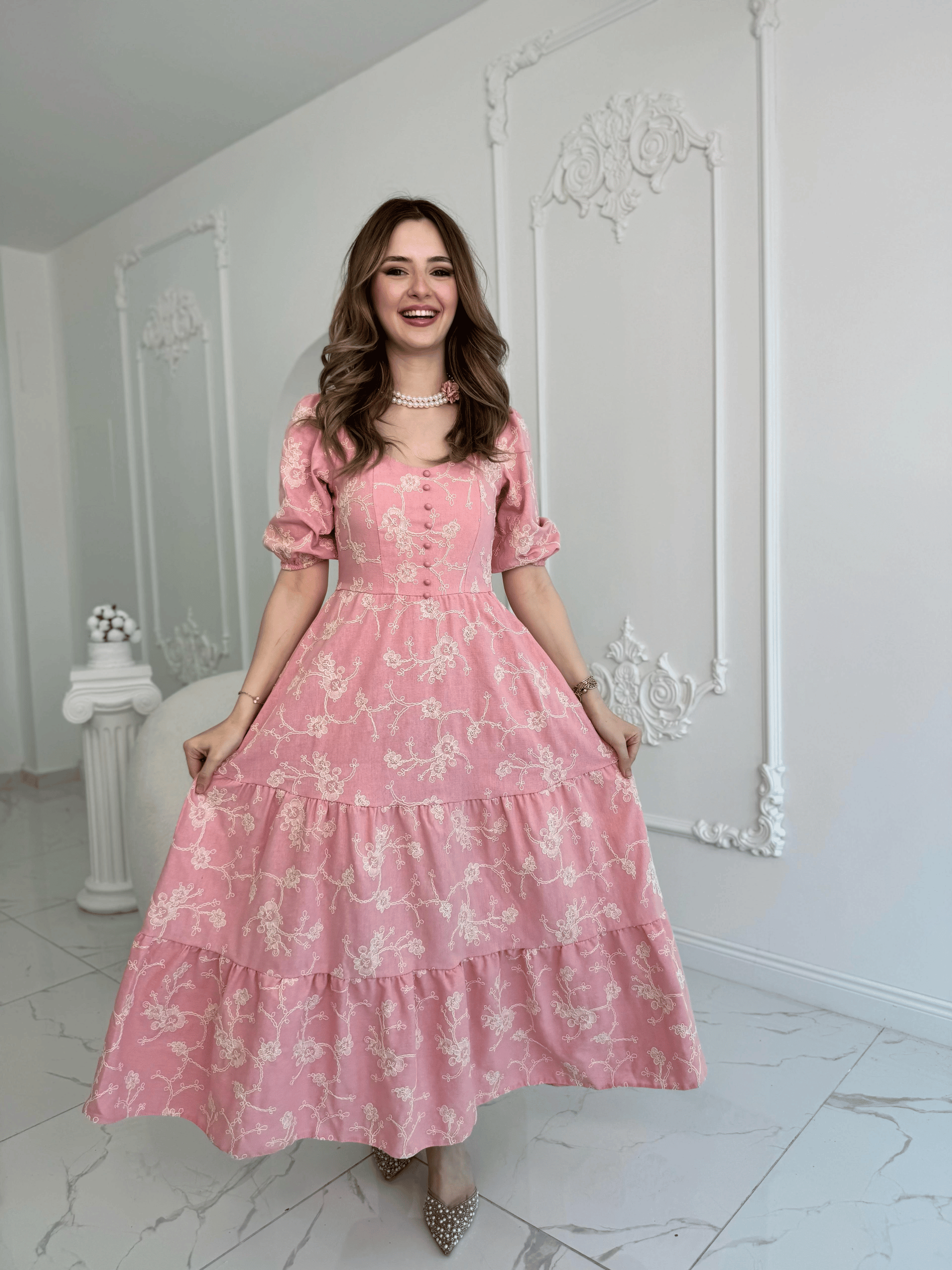 Pembe Süs Düğmeli Balon Kollu Brode Keten Elbise · 2
