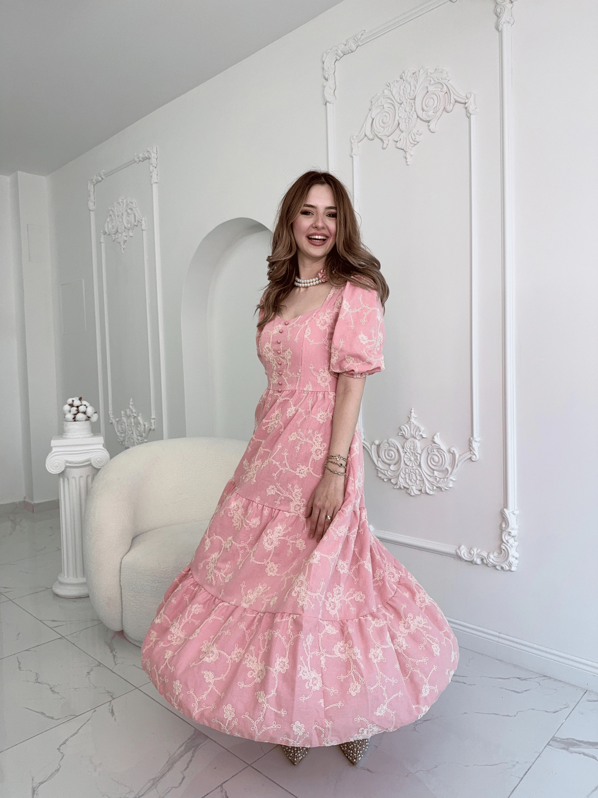 Pembe Süs Düğmeli Balon Kollu Brode Keten Elbise · 7