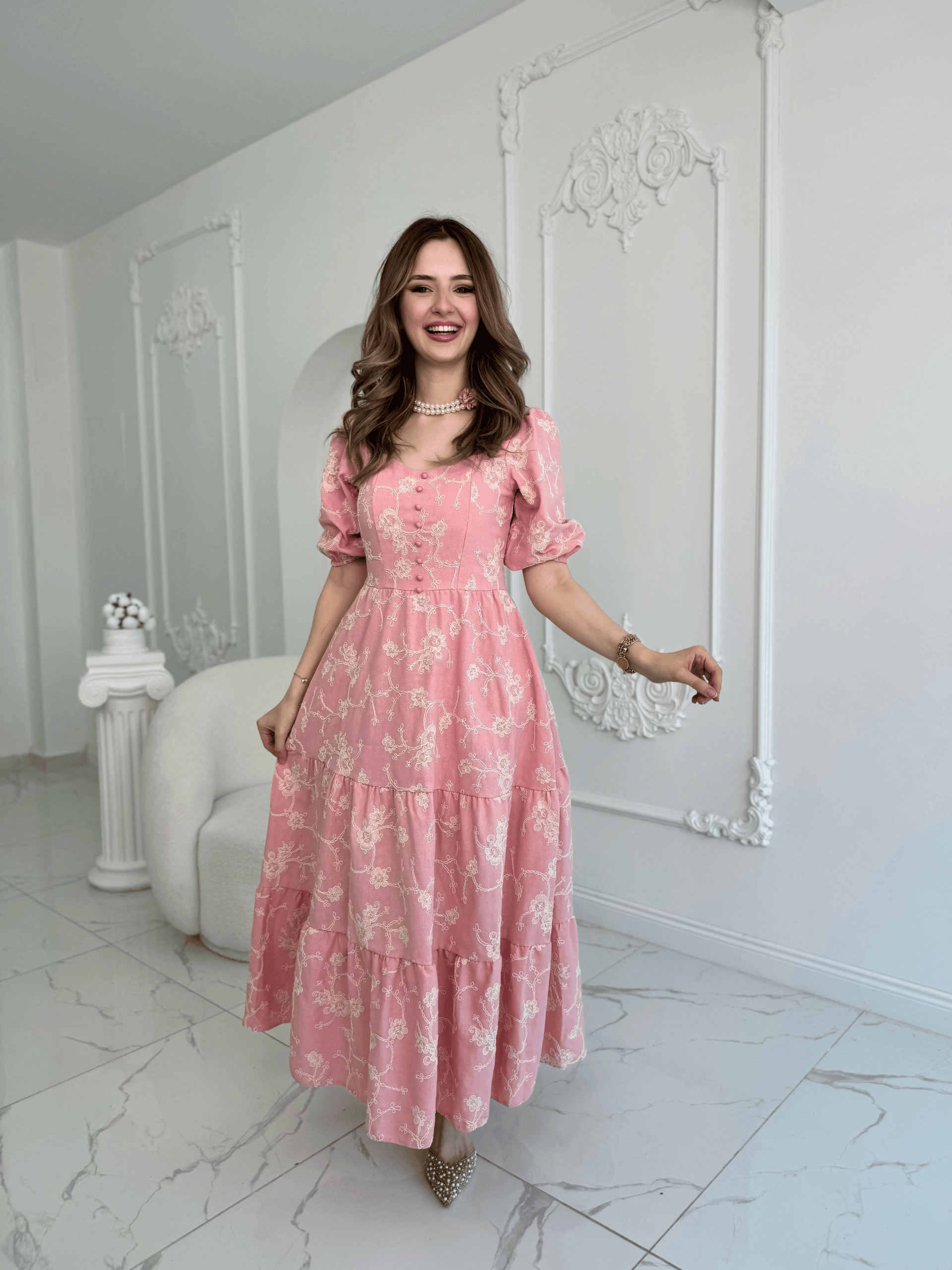 Pembe Süs Düğmeli Balon Kollu Brode Keten Elbise · 6