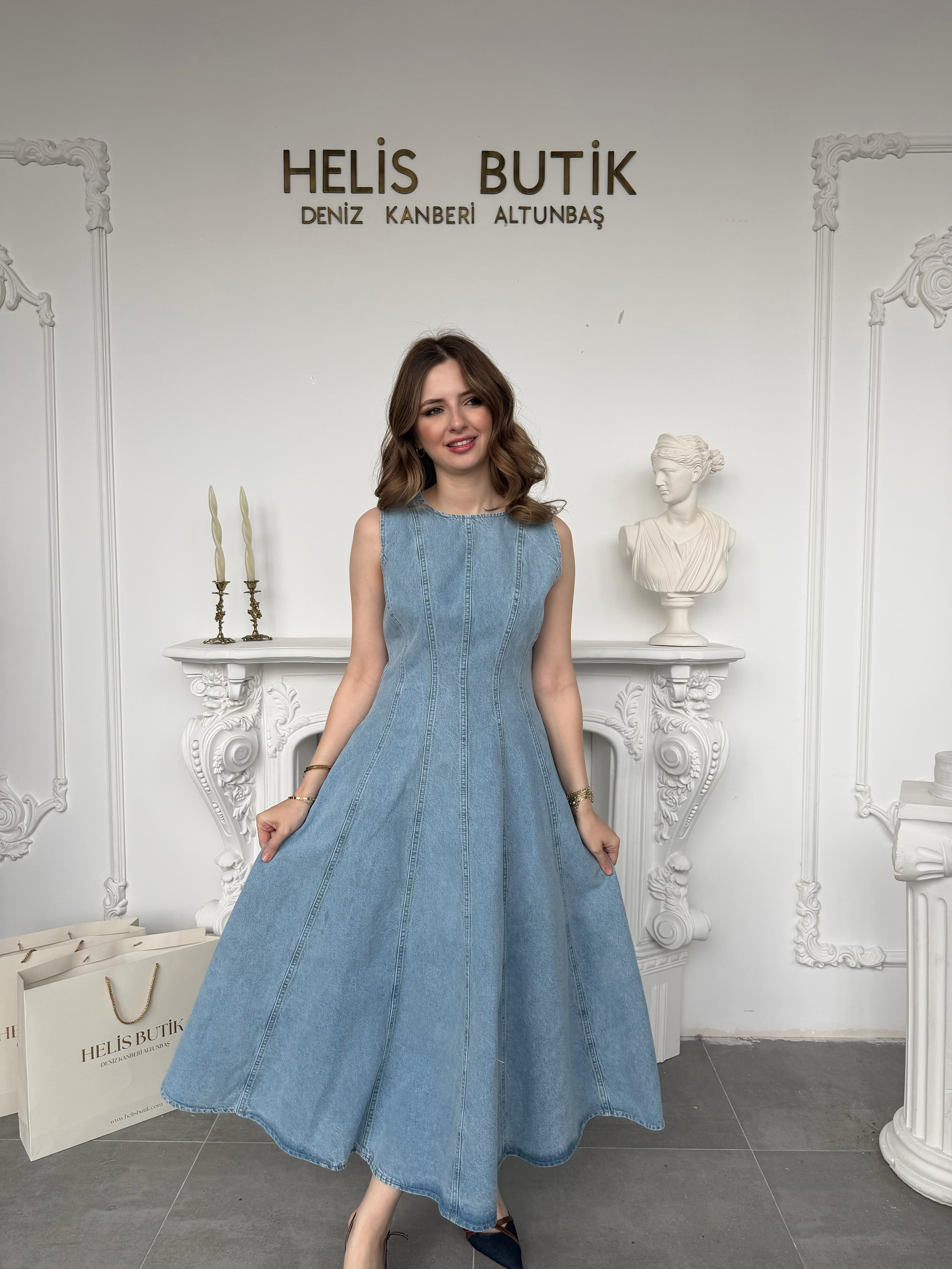 Prenses Kesim Kloş Denim Elbise - Açık Mavi · 4