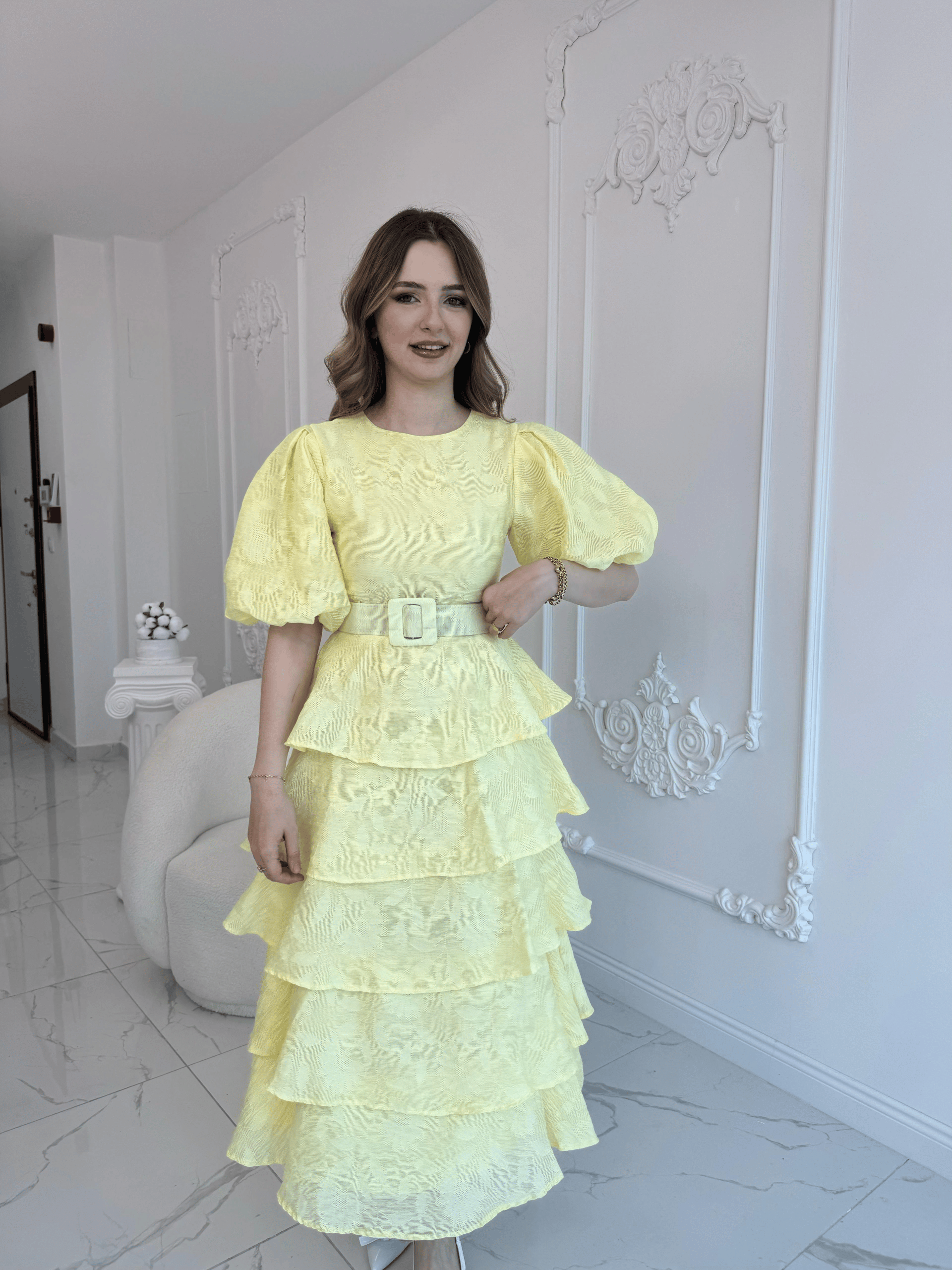 Sarı Kat Kat Balon Kollu Kemerli Elbise · 5