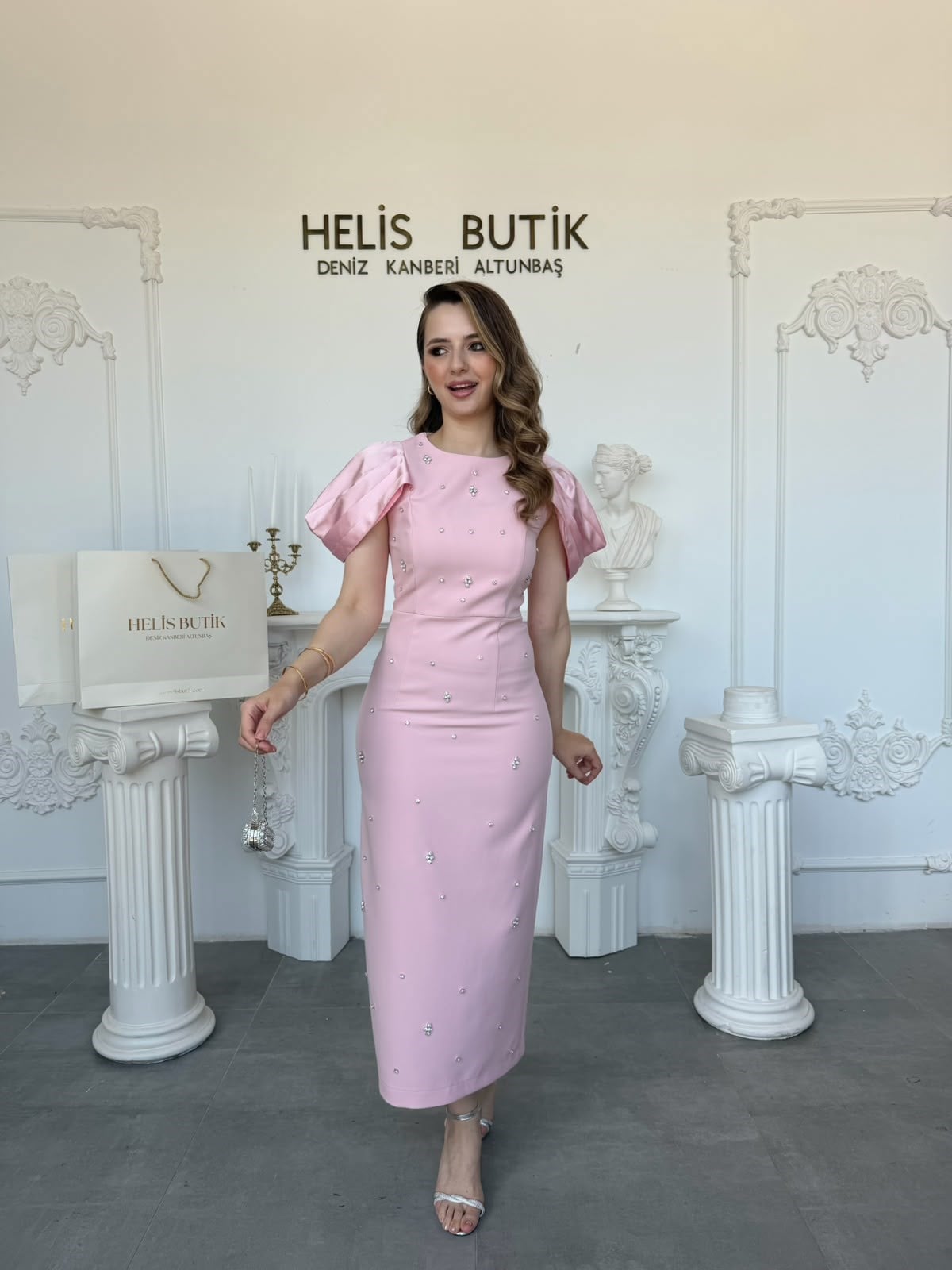 Saten Kol Detaylı Kristal Taş İşlemeli Abiye Elbise - Pembe