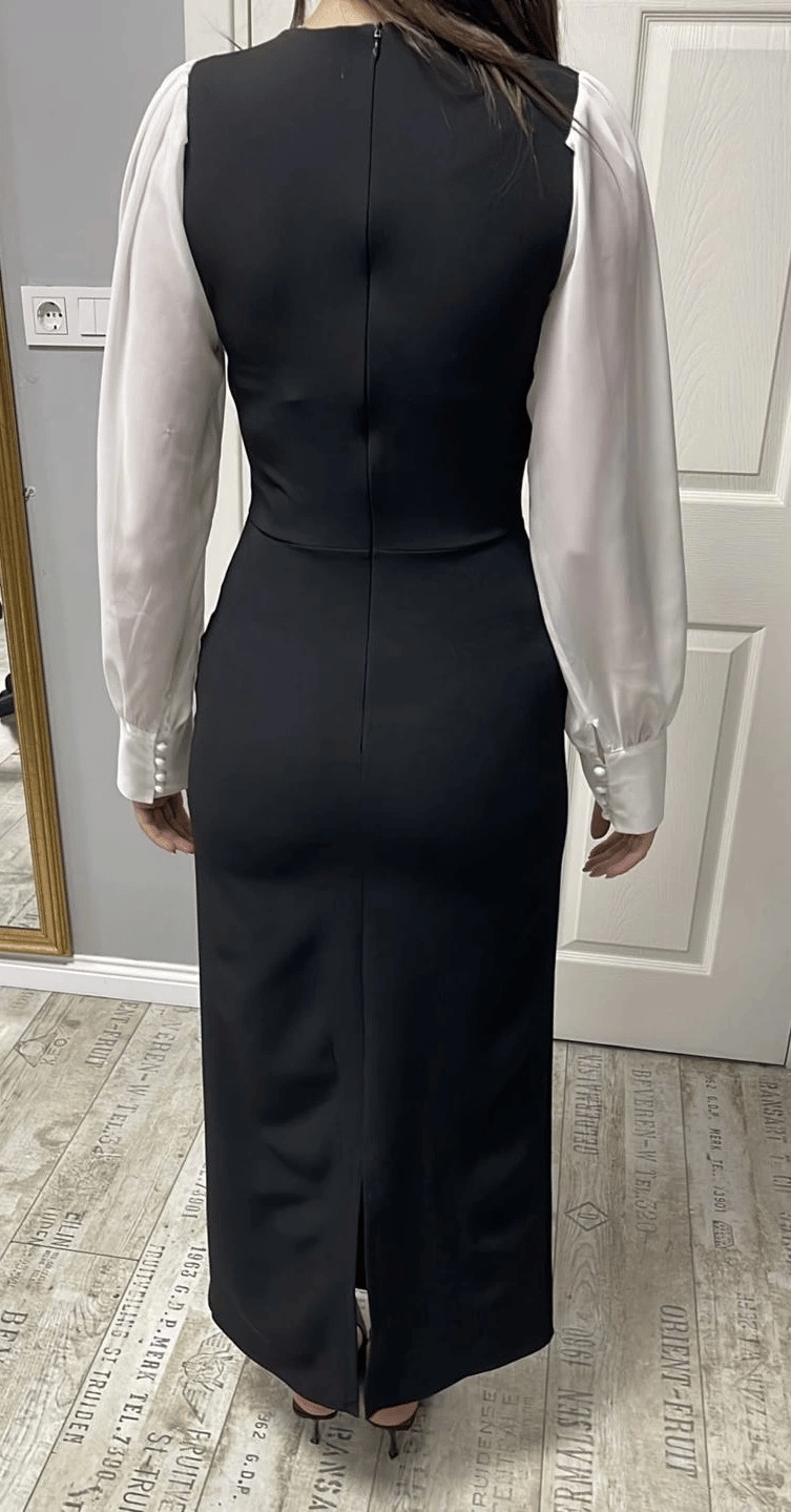 Şifon Kollu Atlas Kumaş Elegant Siyah Elbise · 6