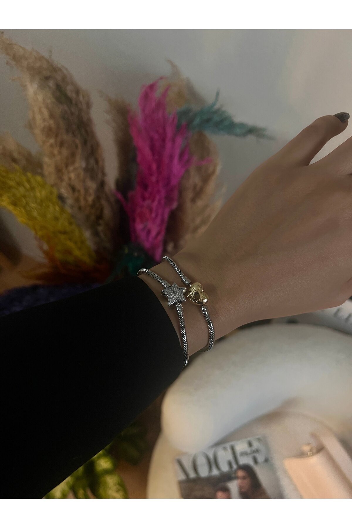 Çelik Silver Taşlı Yıldız Charm Bileklik