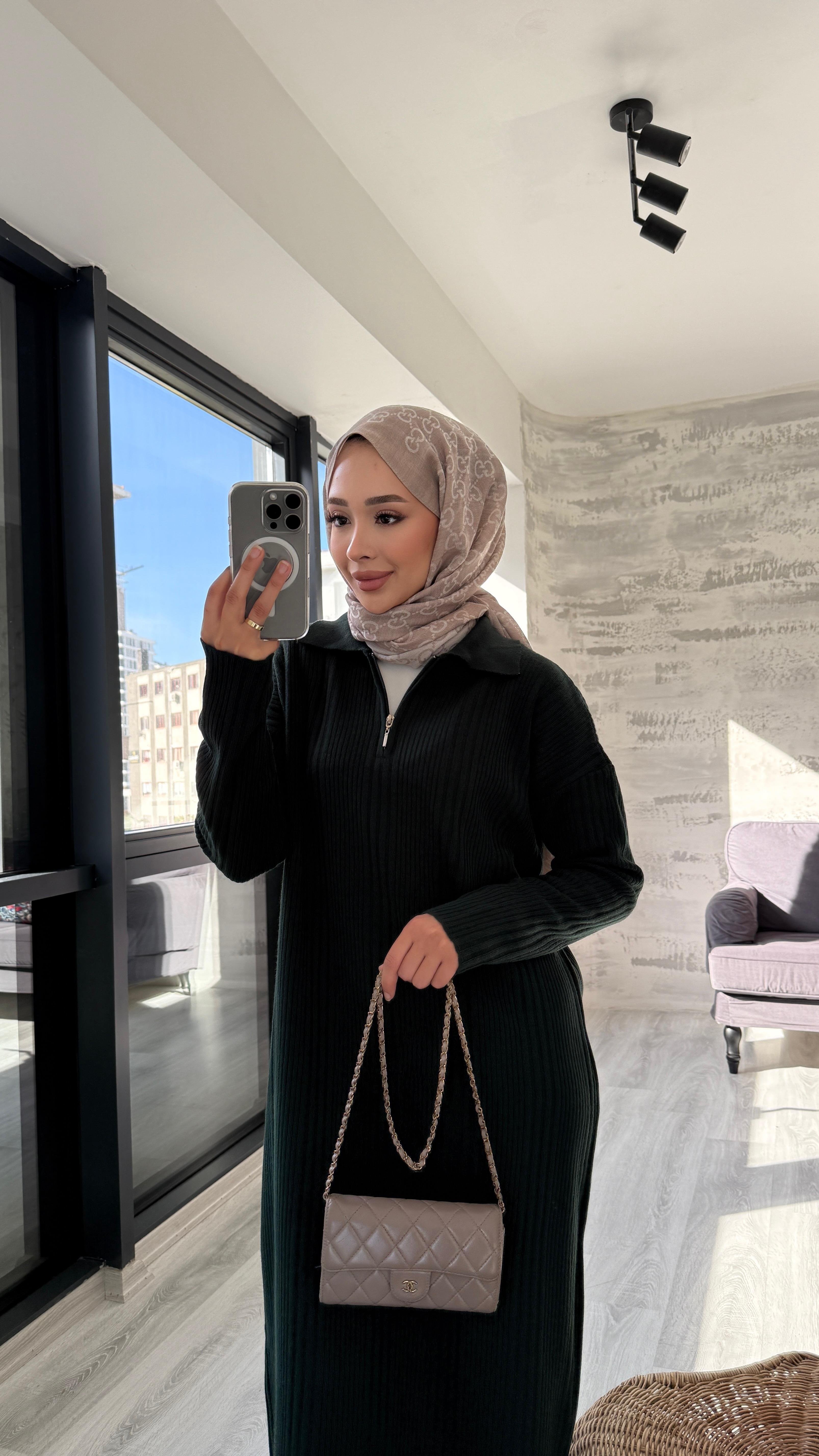 Fermuarlı Elbise Zümrüt