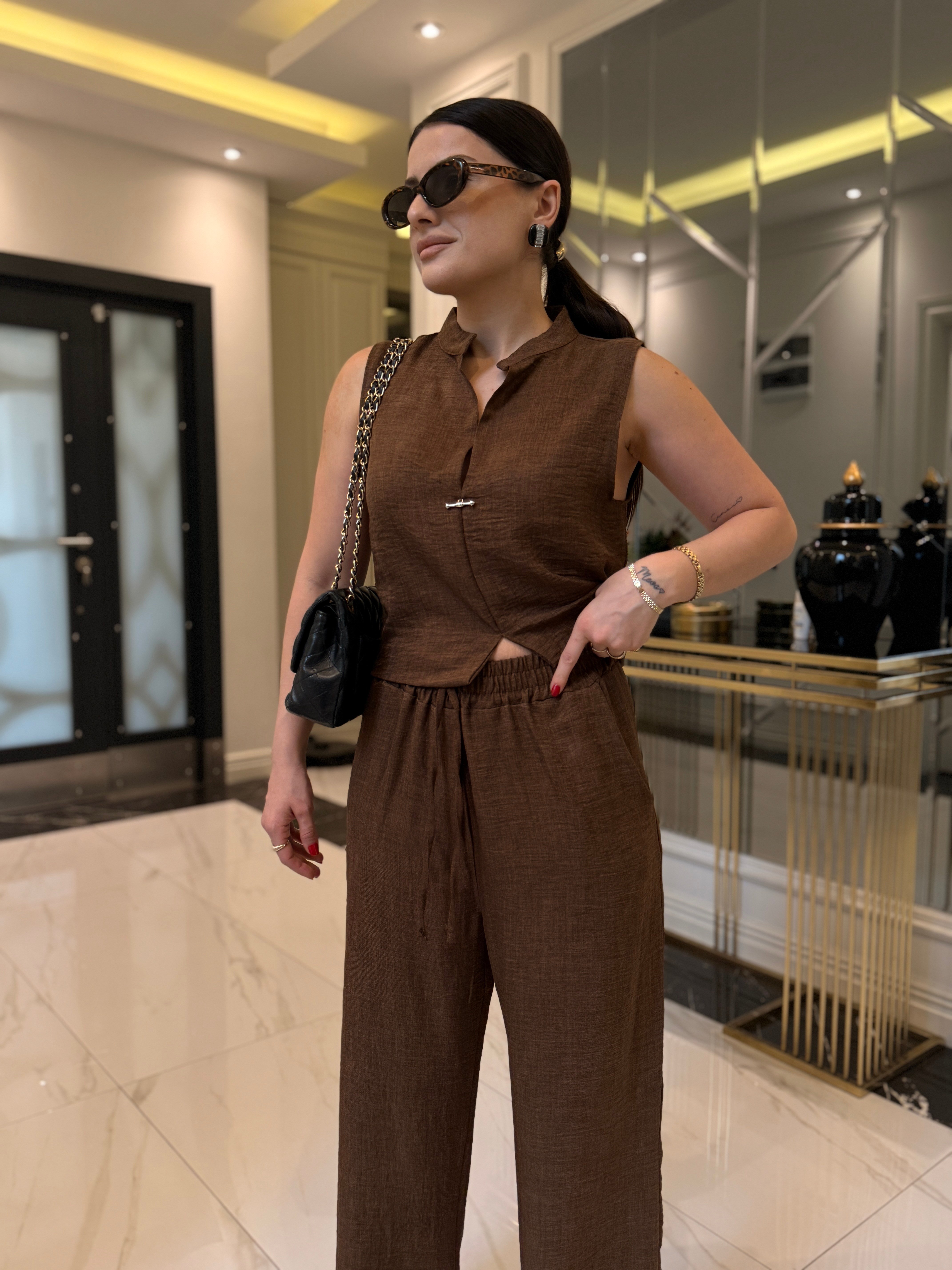 Kahve Keten Karışımlı Bluz Pantolon Takım