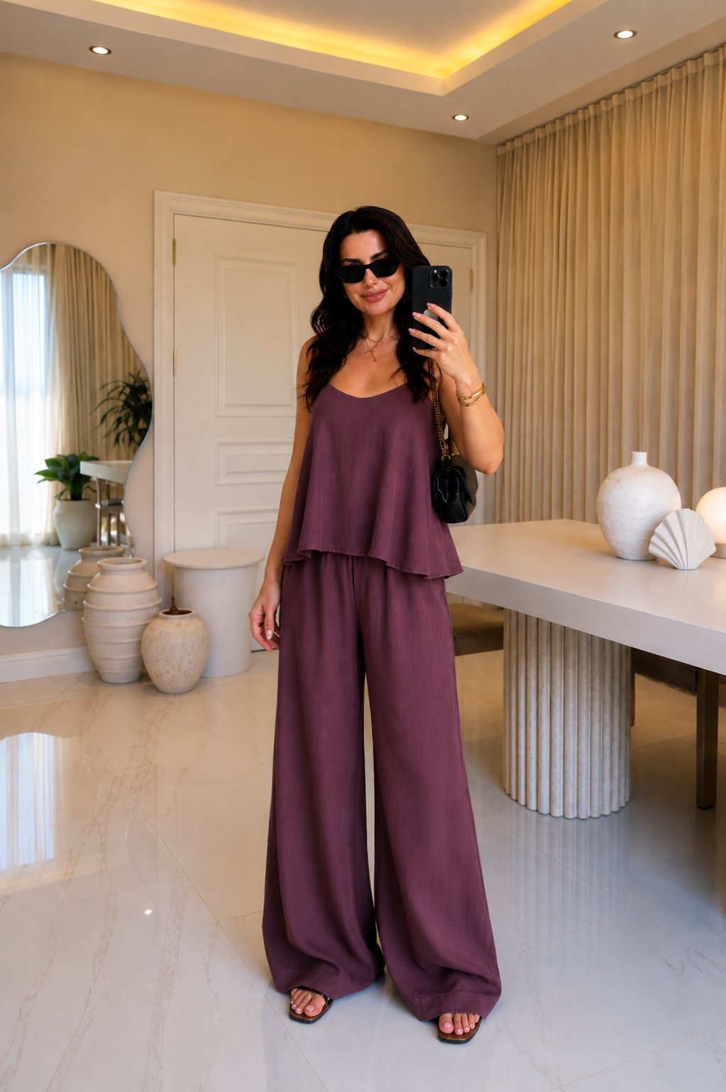 Lina Askılı Bluz Palazzo Takım-Mürdüm