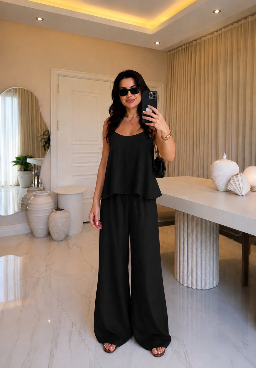 Lina Askılı Bluz Palazzo Takım-Siyah