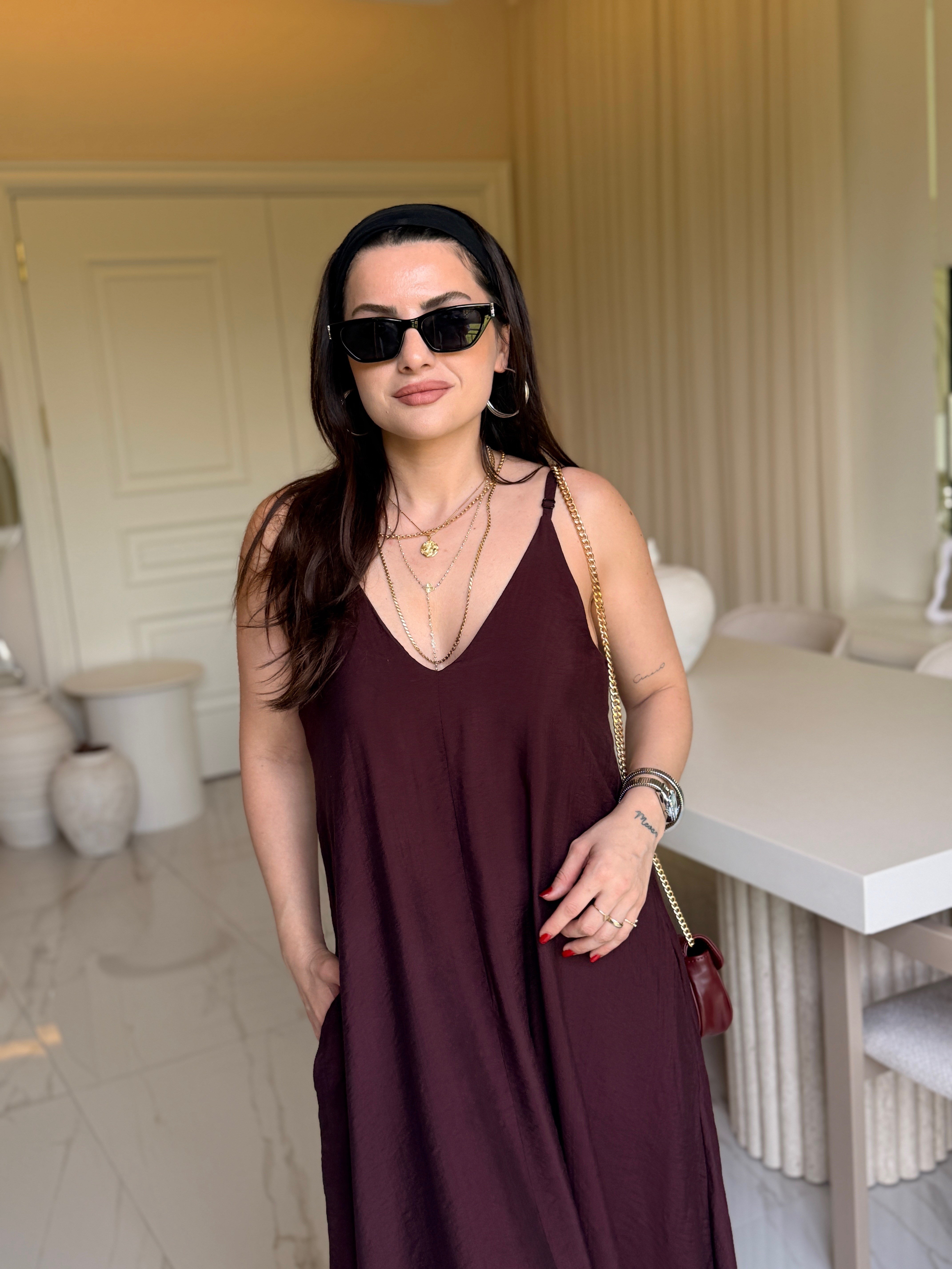 Luna Maxi Astarlı Elbise-Bordo