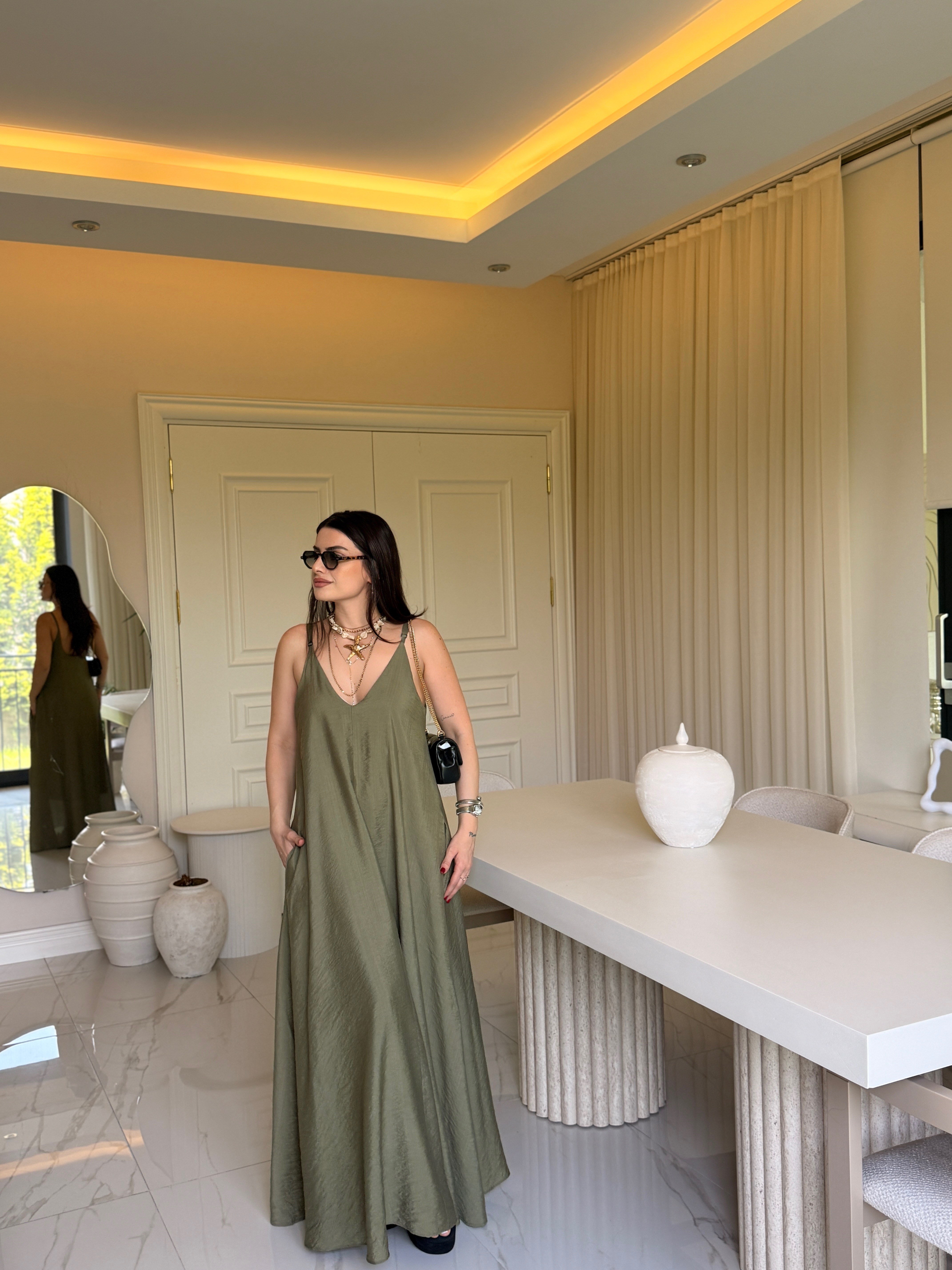 Luna Maxi Astarlı Elbise – Haki