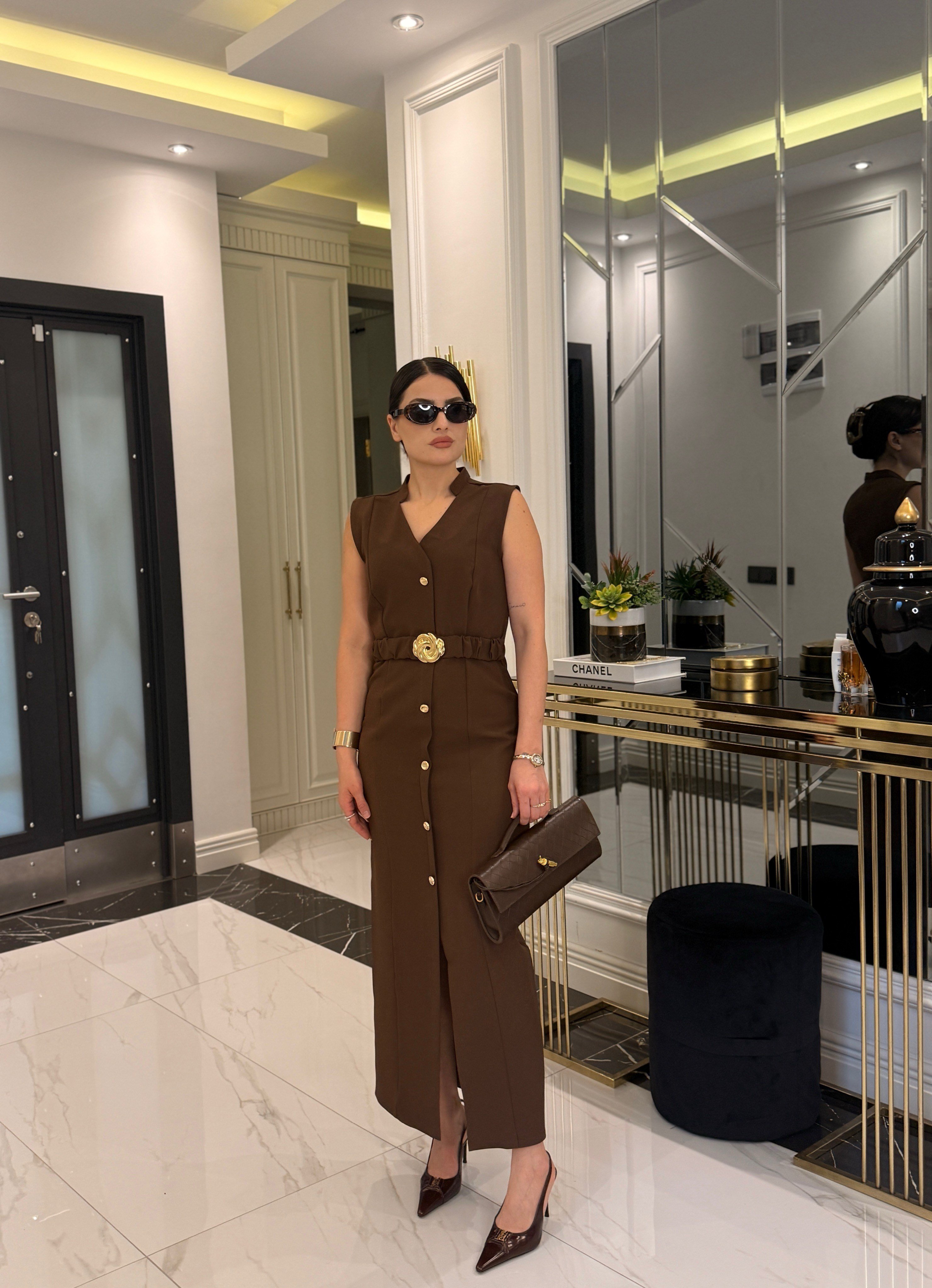 Mocha Gold Aksesuarlı Midi Elbise