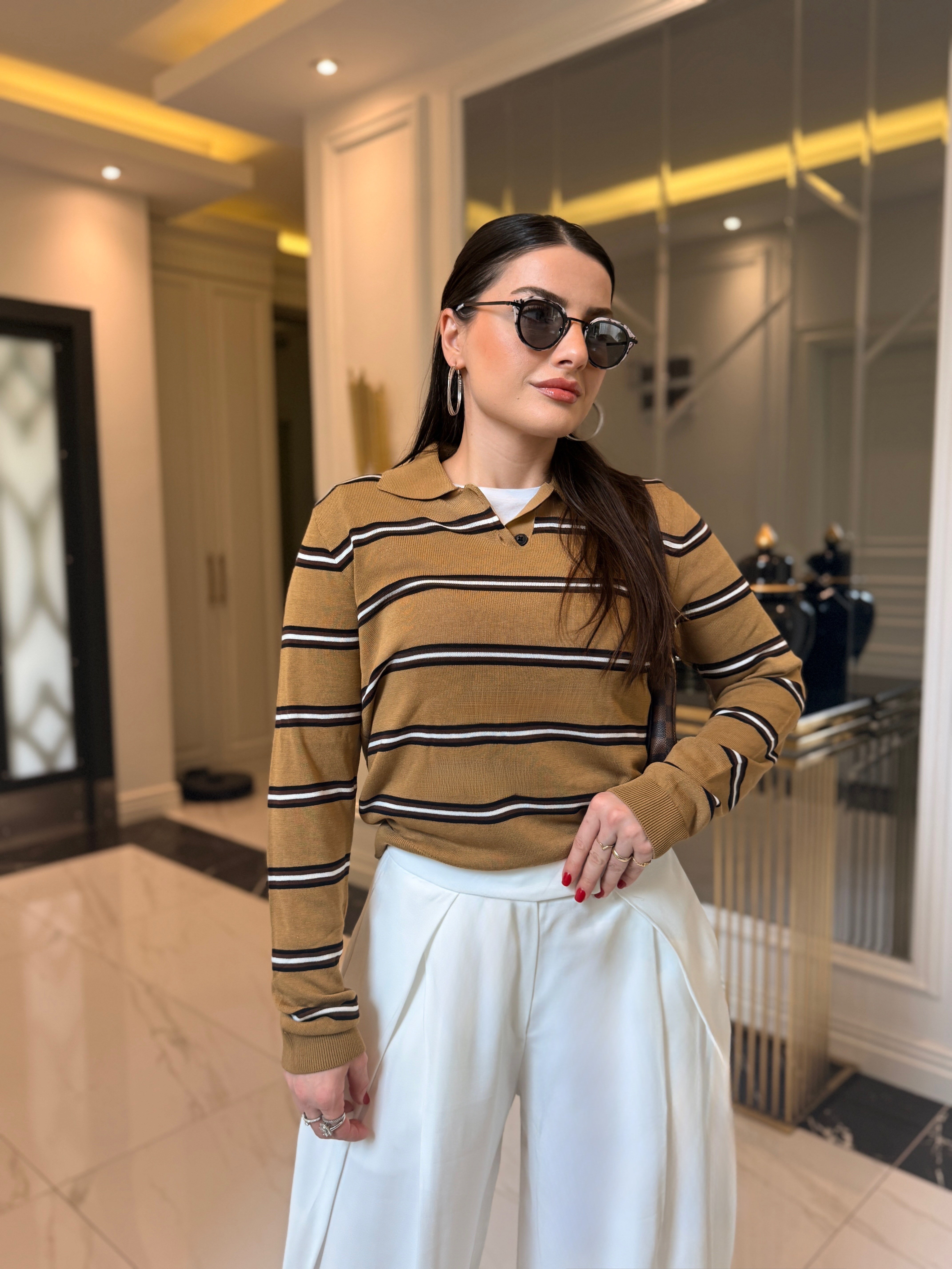 Premium Haki-Kahve Polo Yaka Çizgili Kazak