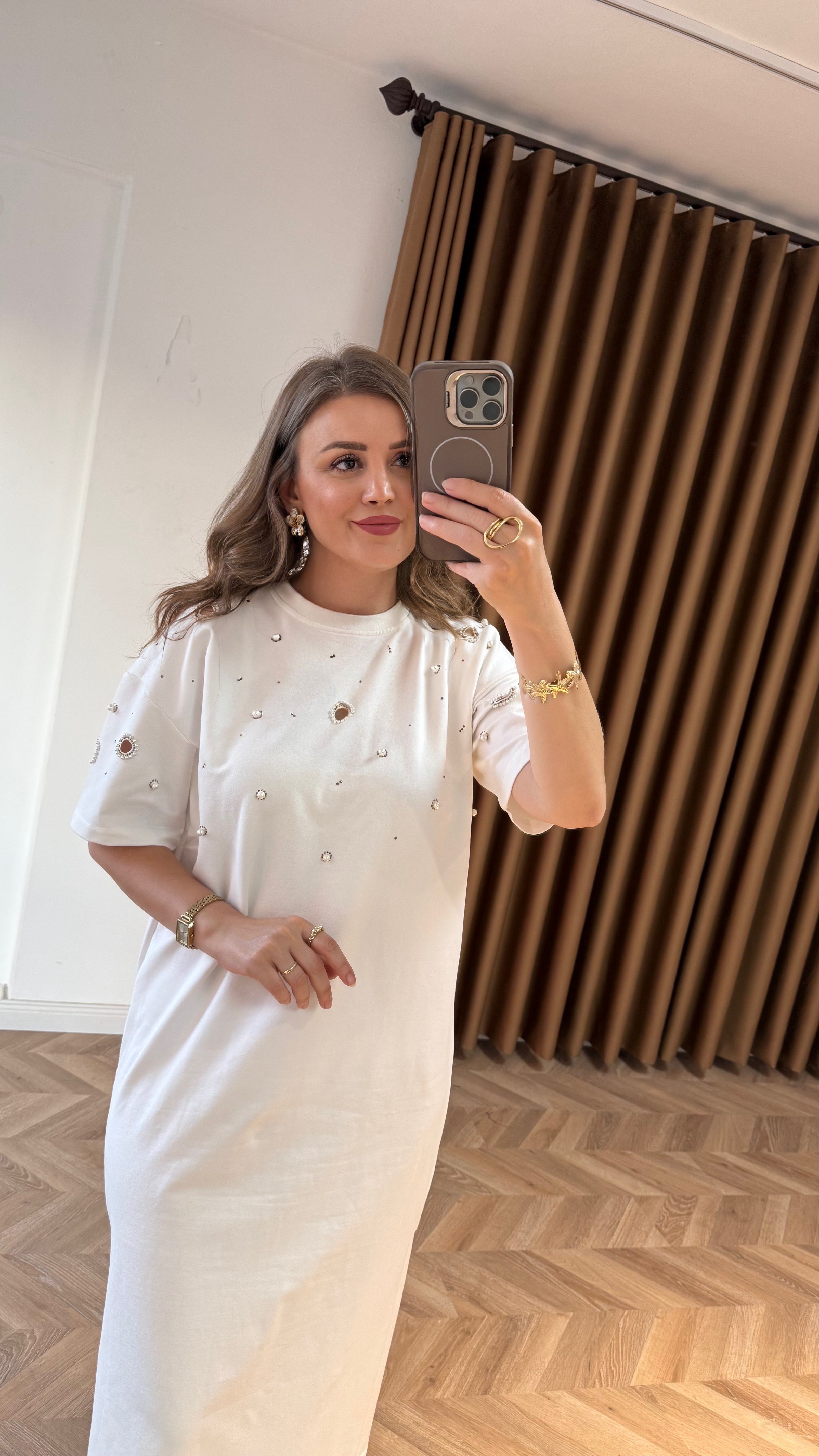 İnci İşlemeli Modal Maxi Elbise-Kahve