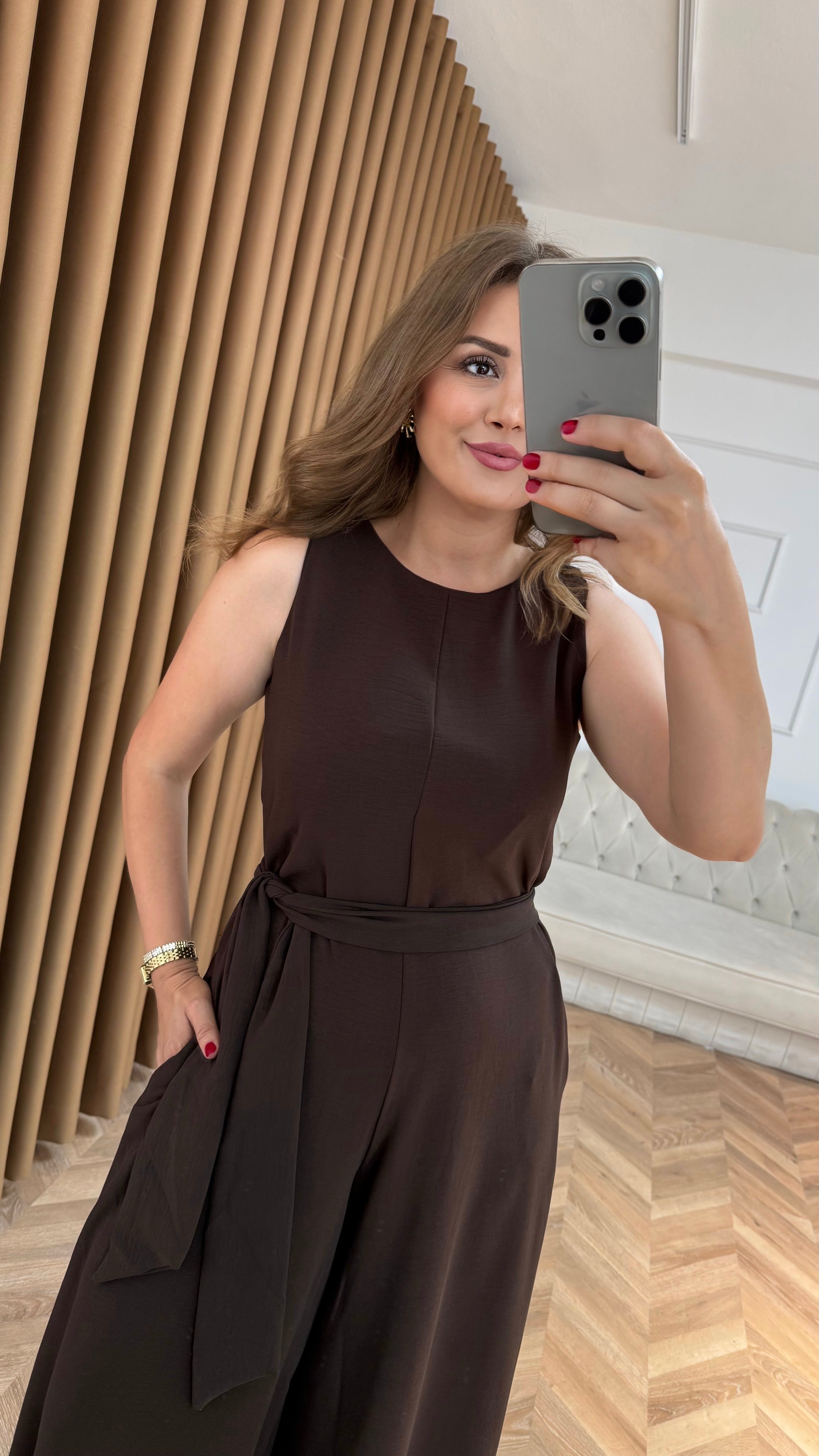Kahve Gizli Fermuarlı Kuşaklı Tulum