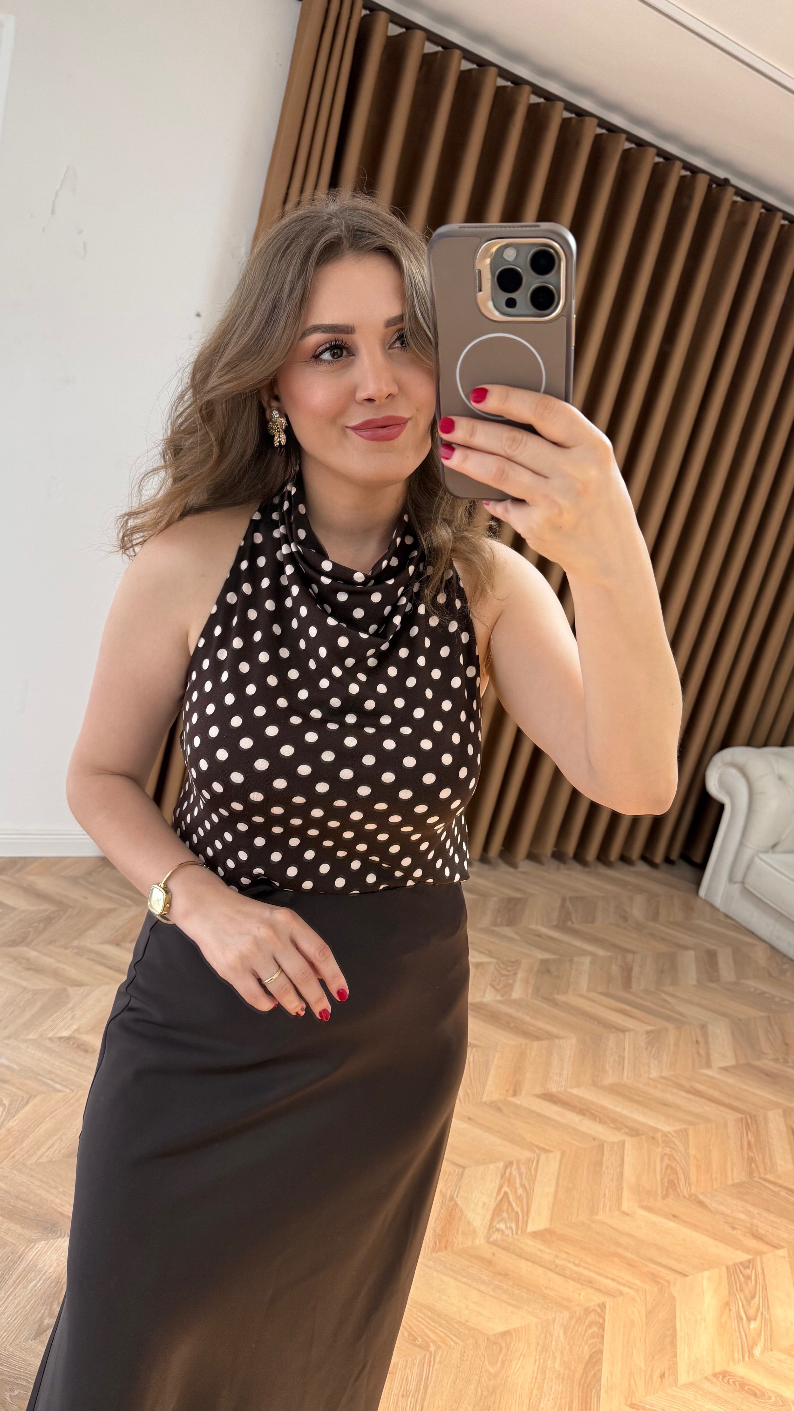 Kahve İnci Puantiye Bluz
