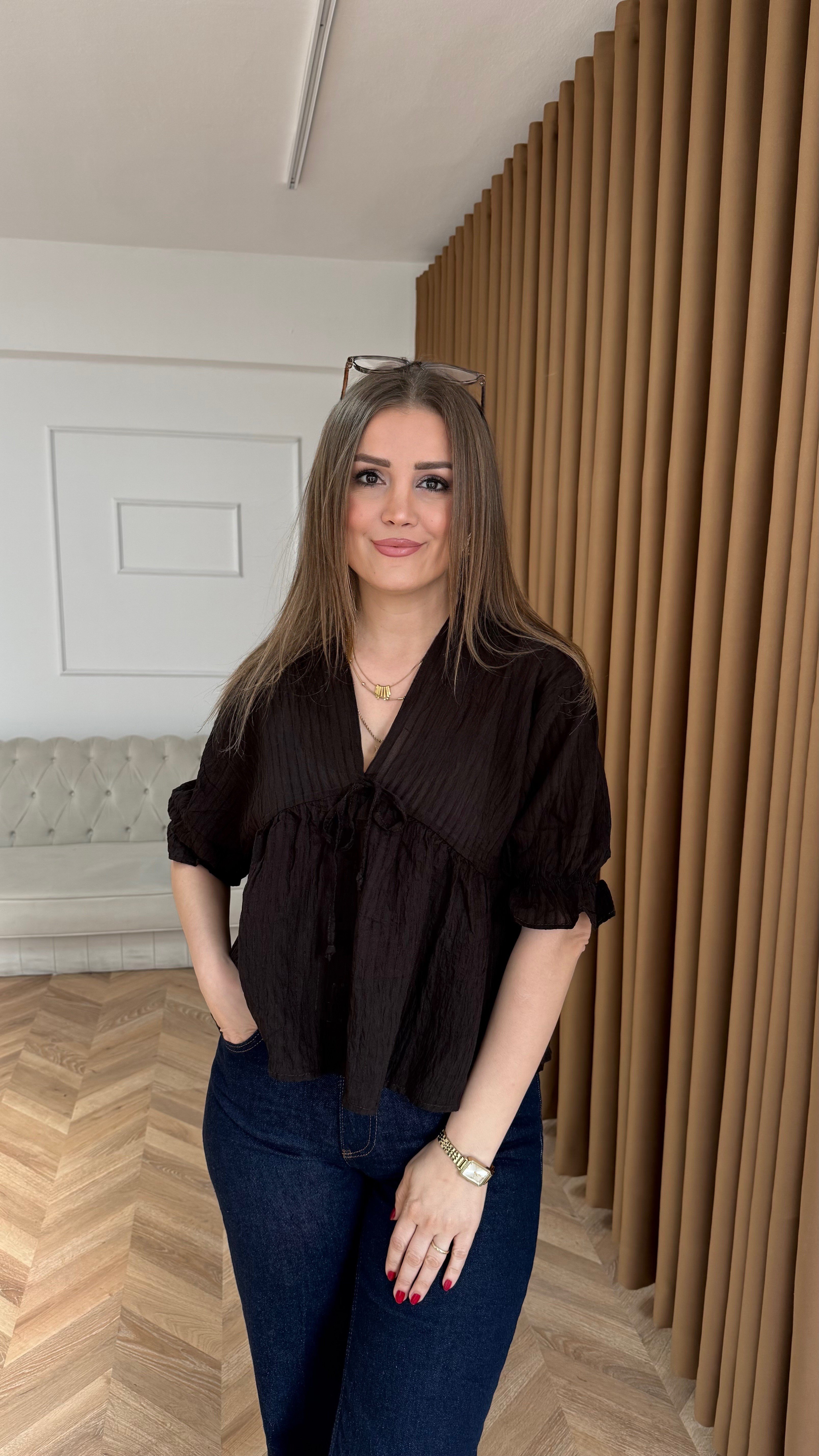 Kahve Romantik Bağlama Detaylı Şifon Bluz