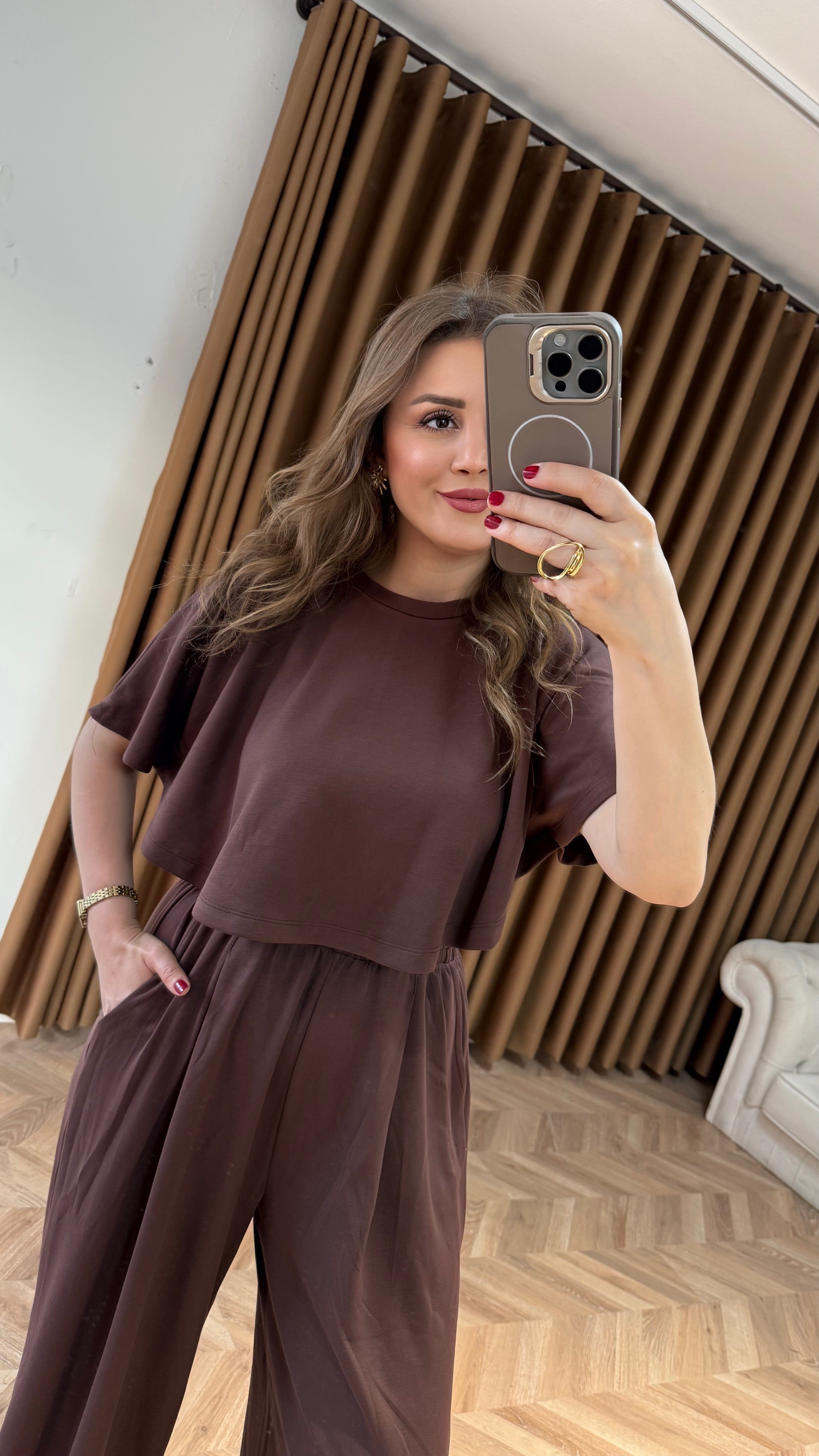 Pelerinli Modal Kumaş Salaş Takım – Çikolata Kahve