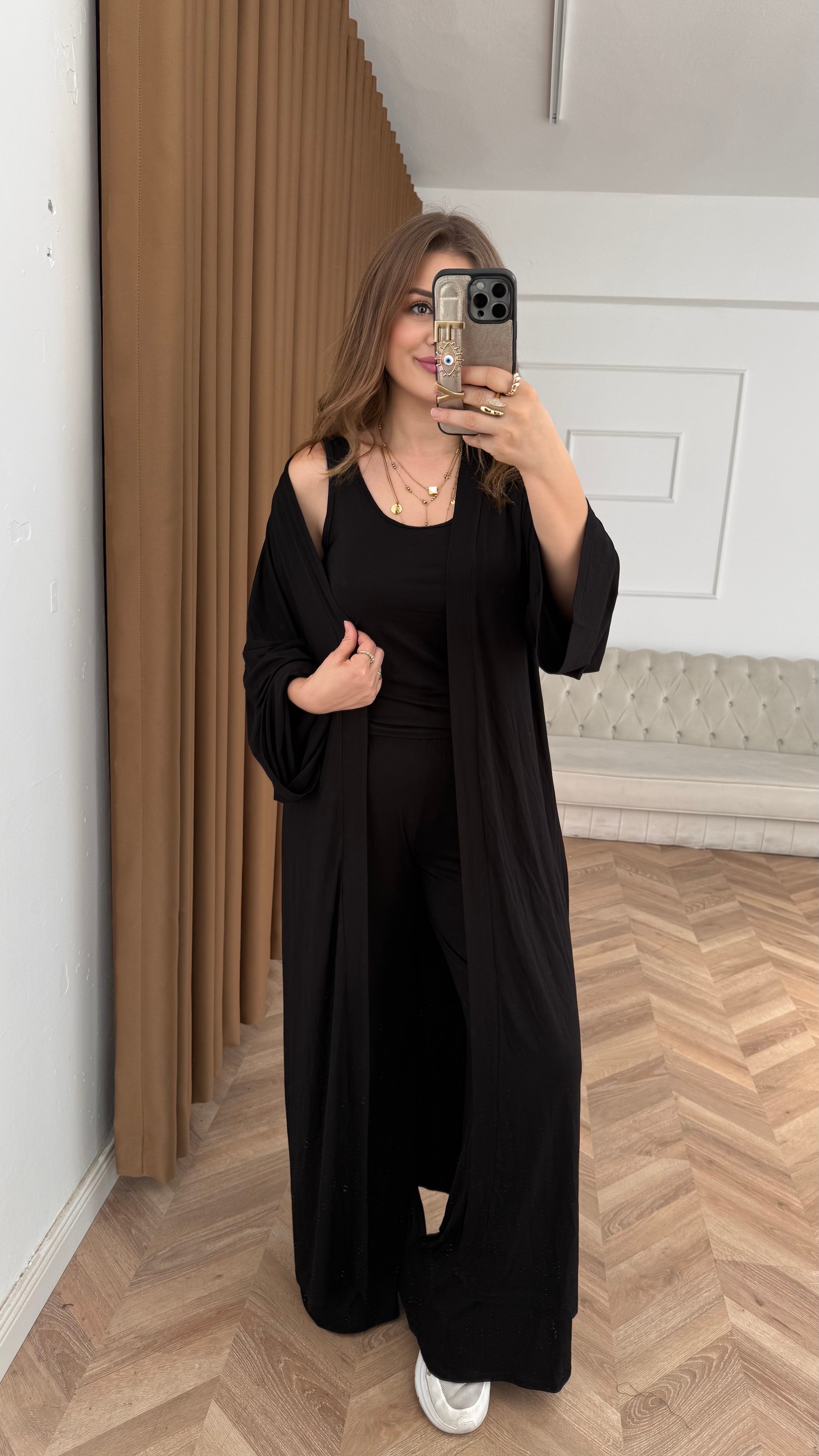 Siyah  İnce Modal Üçlü Kimono Atlet Pantolon Takım