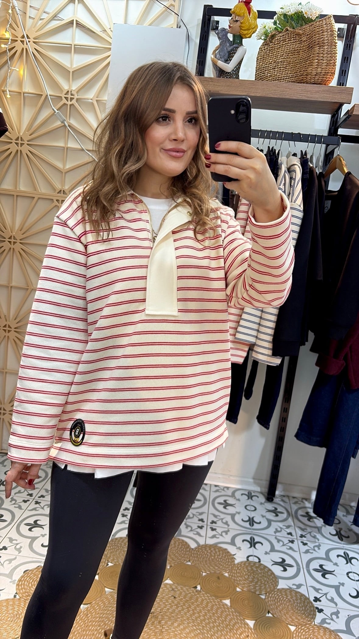 Yarım Fermuarlı Kırmızı Çizgili Sweatshirt