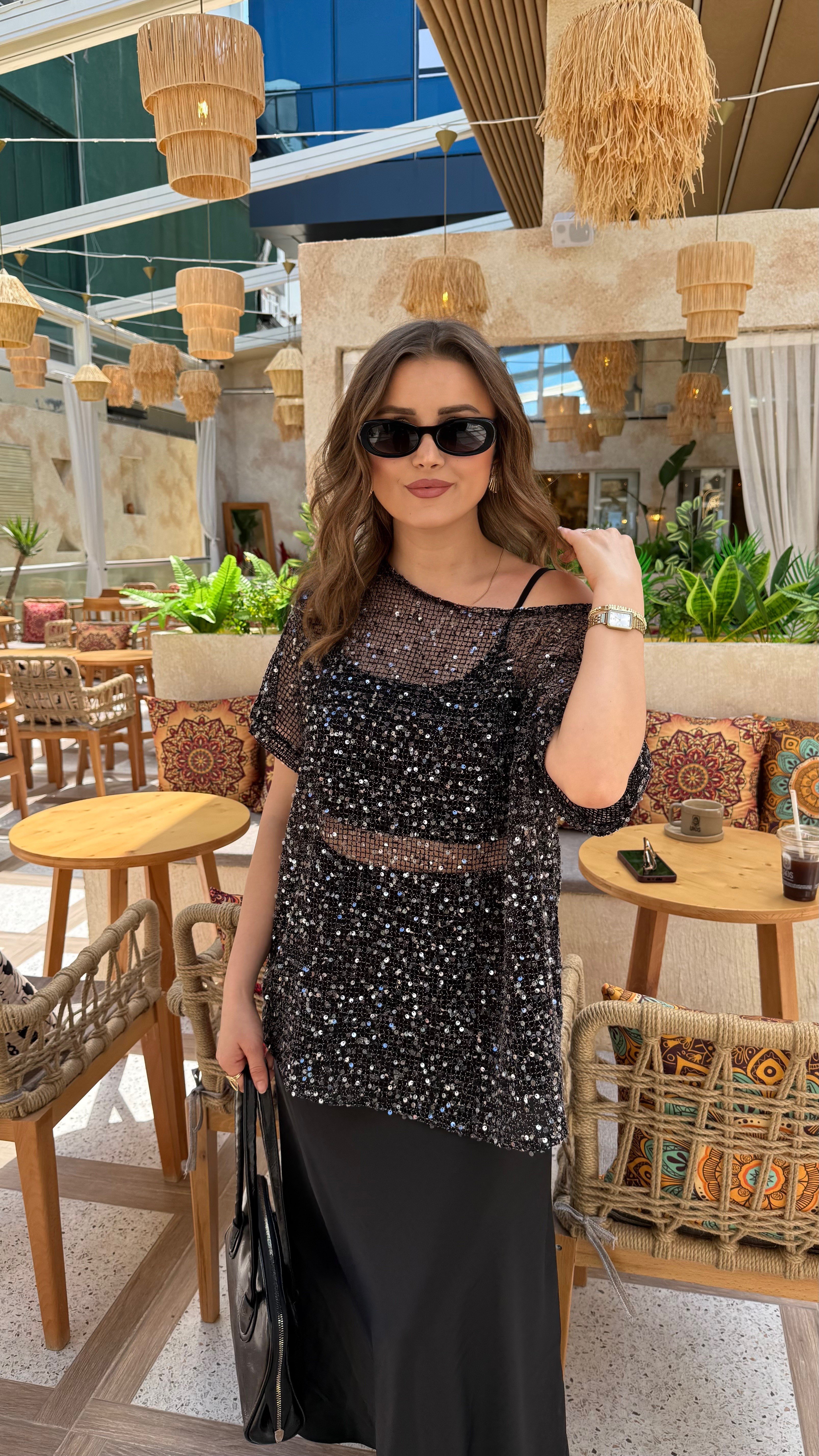 Zara Orijinal Pullu File Bluz-Siyah