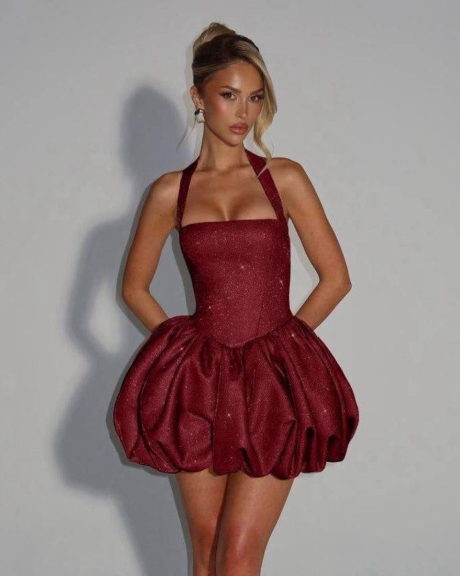 Balera Claret Red Simli Elbise 