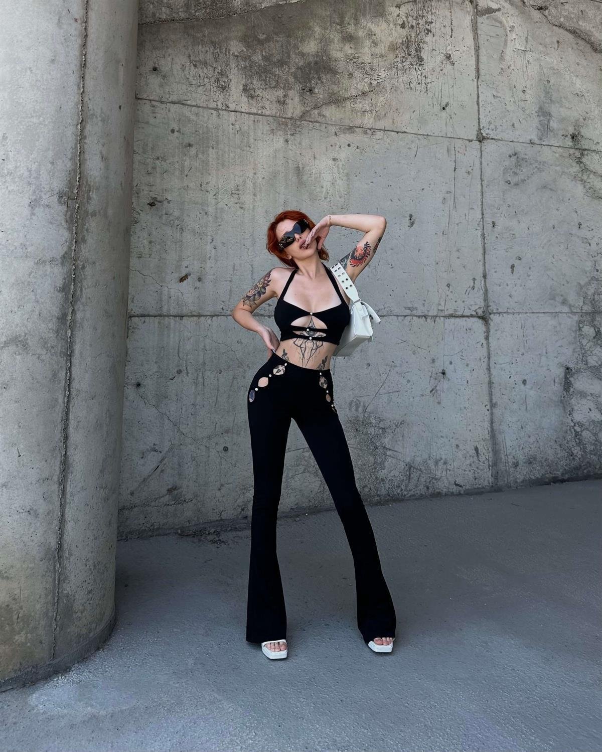 BLACK LAPİDARY CROP TAYT PANTOLON TAKIM