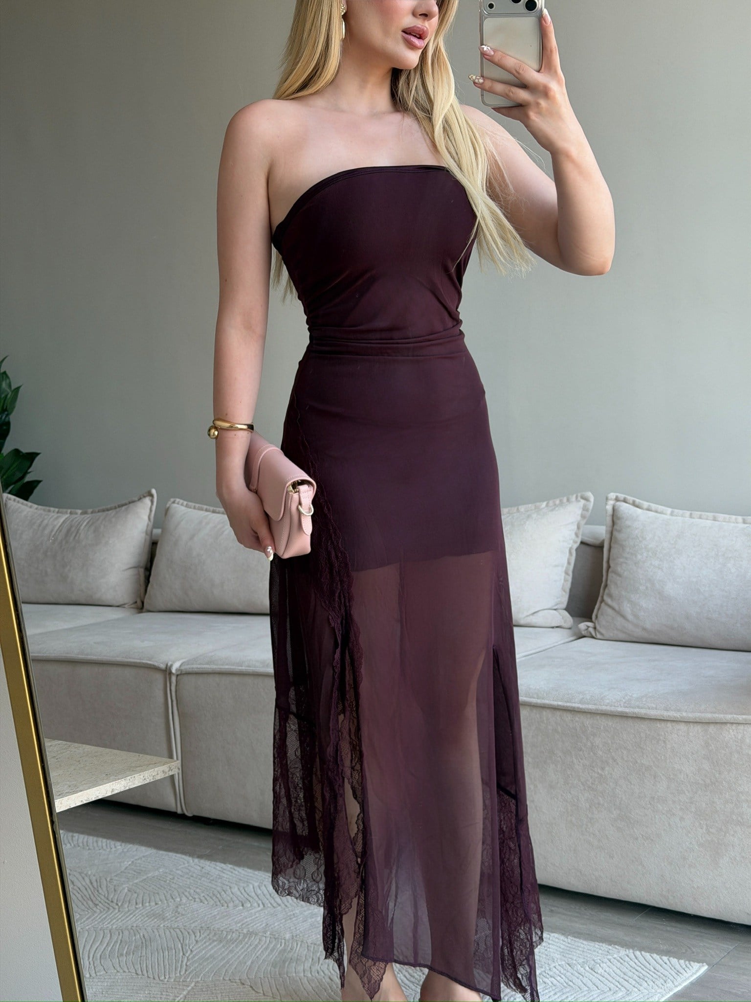 ELAONİS TÜL ETEKLİ ELBİSE BORDO